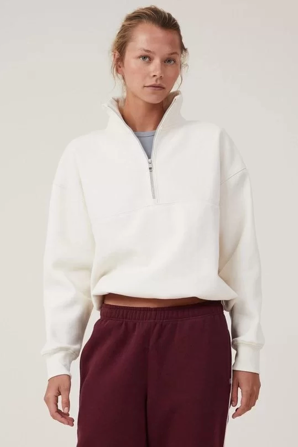 Oversize Yarım Farmuarlı Yakalı Basic SweatShirt - Beyaz