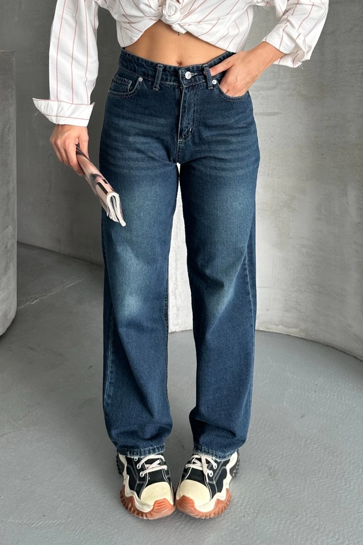 Palazzo bıyık enzim yıkama jeans pantolon koyu mavi d2008