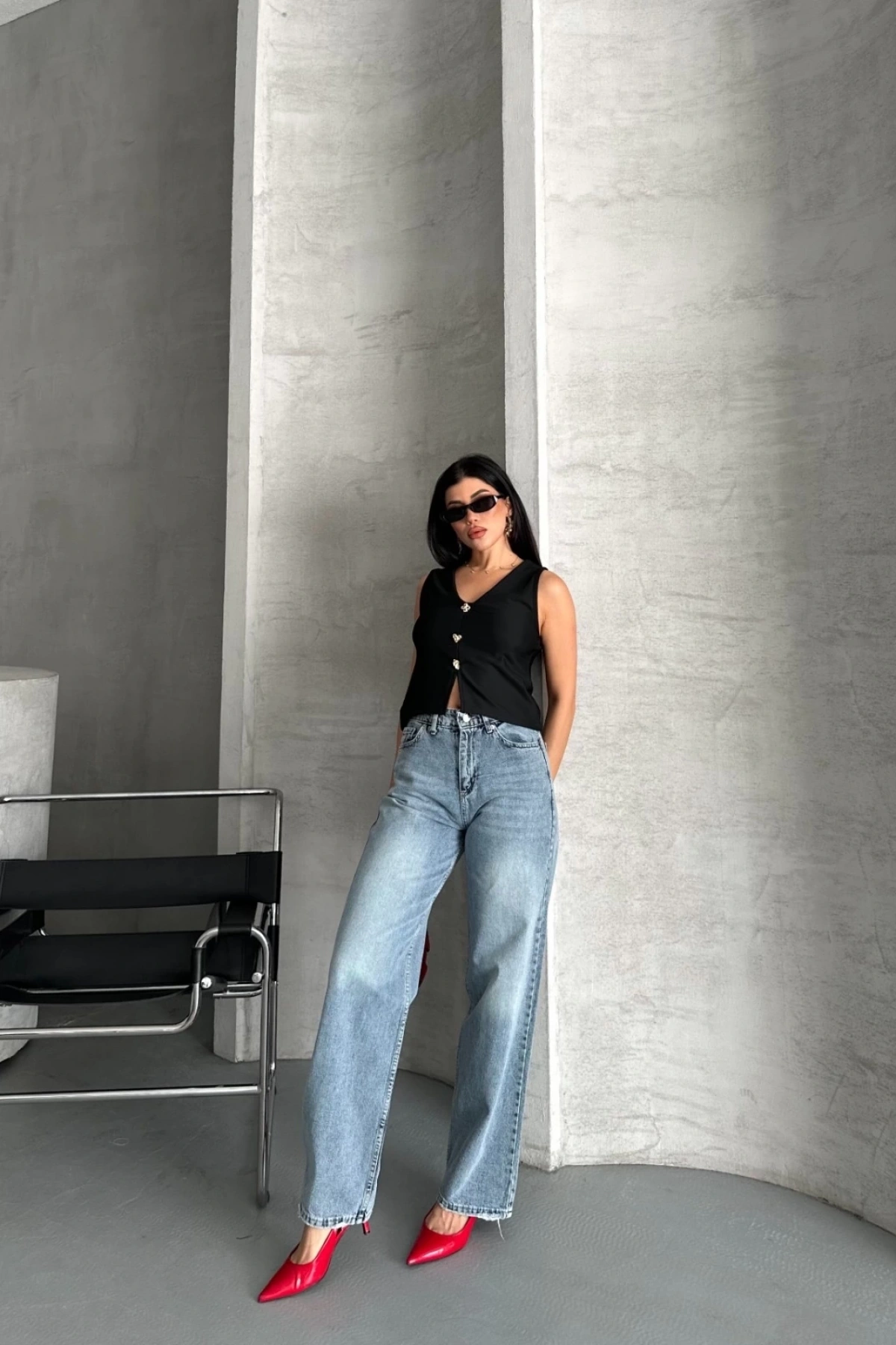 Palazzo straight kar yıkama jeans pantolon mavi d2008