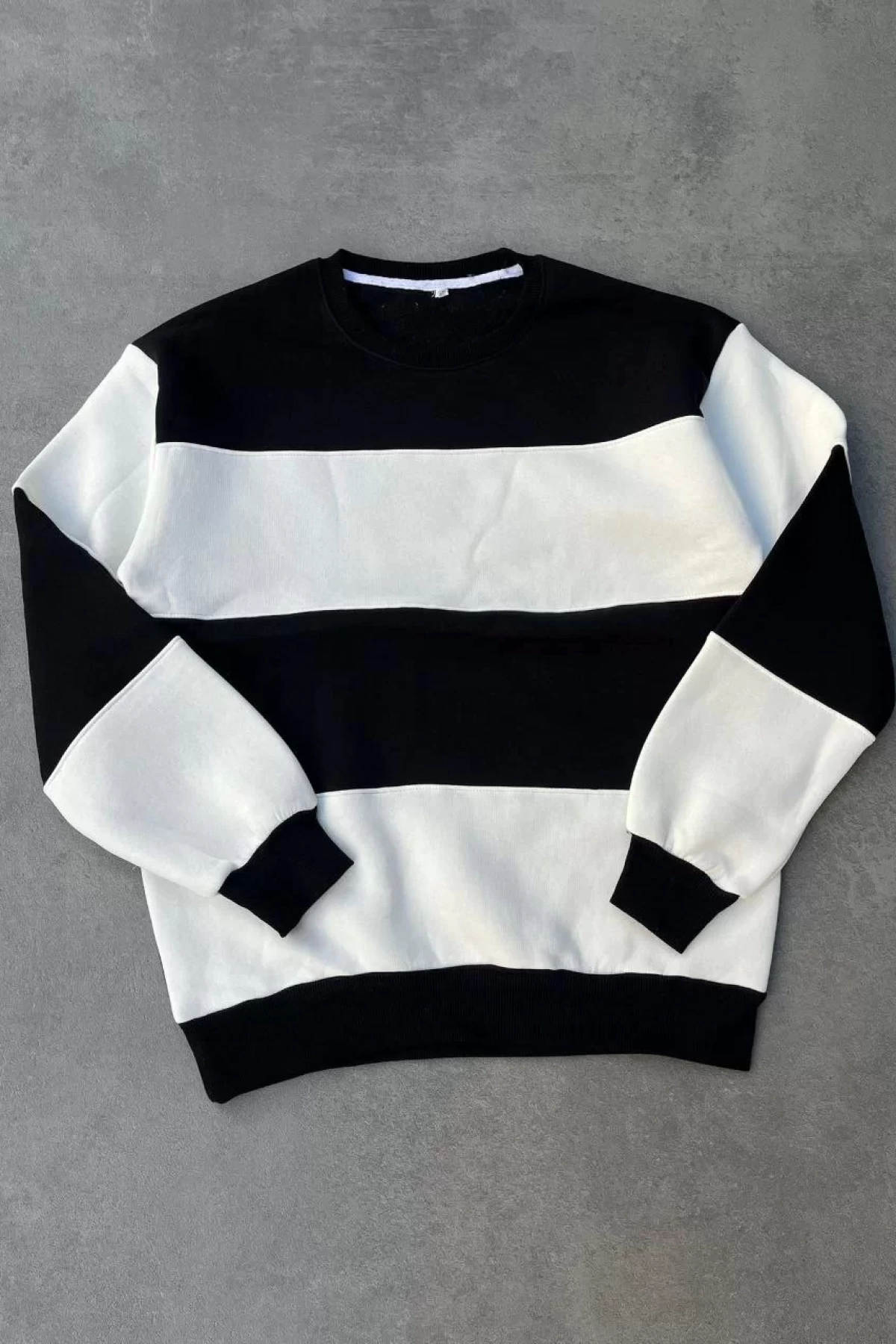 Parçalı Bisiklet Yaka Baskılı SweatShirt - Siyah