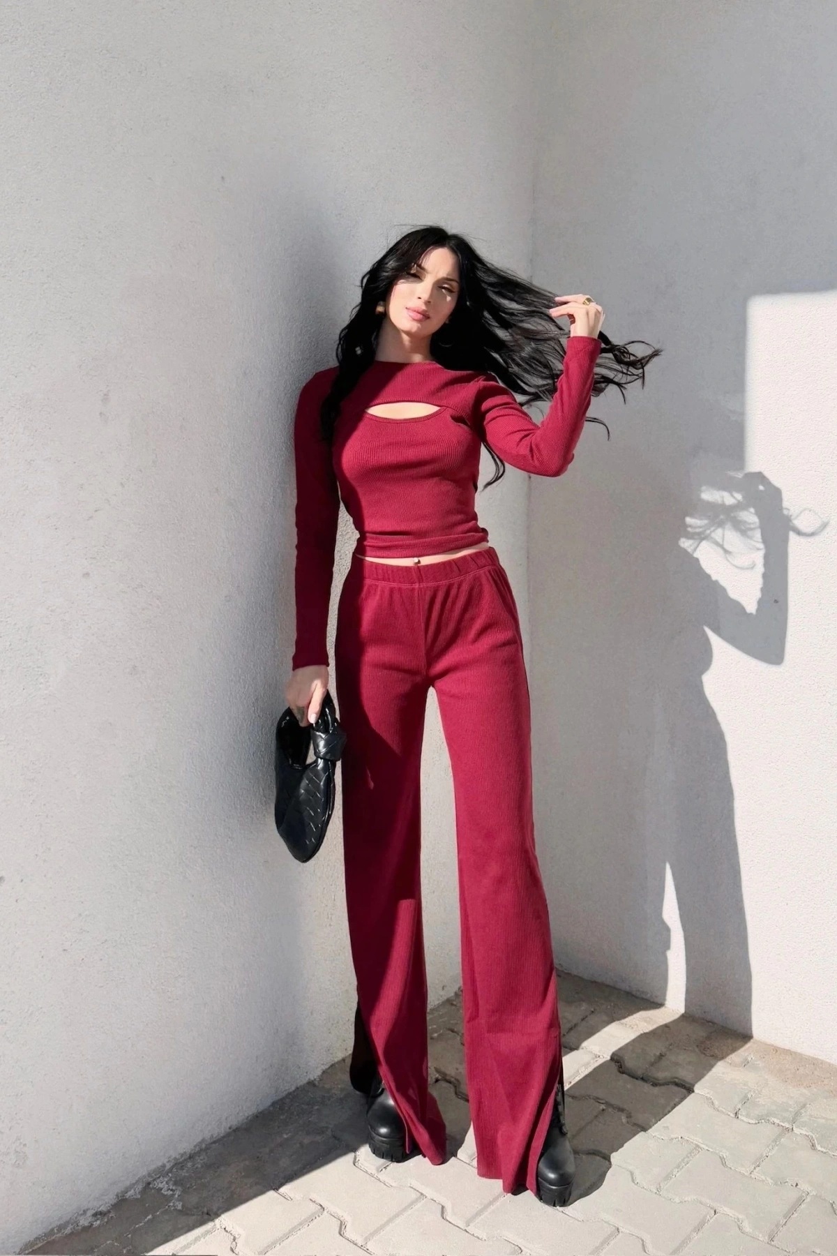 Pencereli detaylı alt üst takım bordo w3864