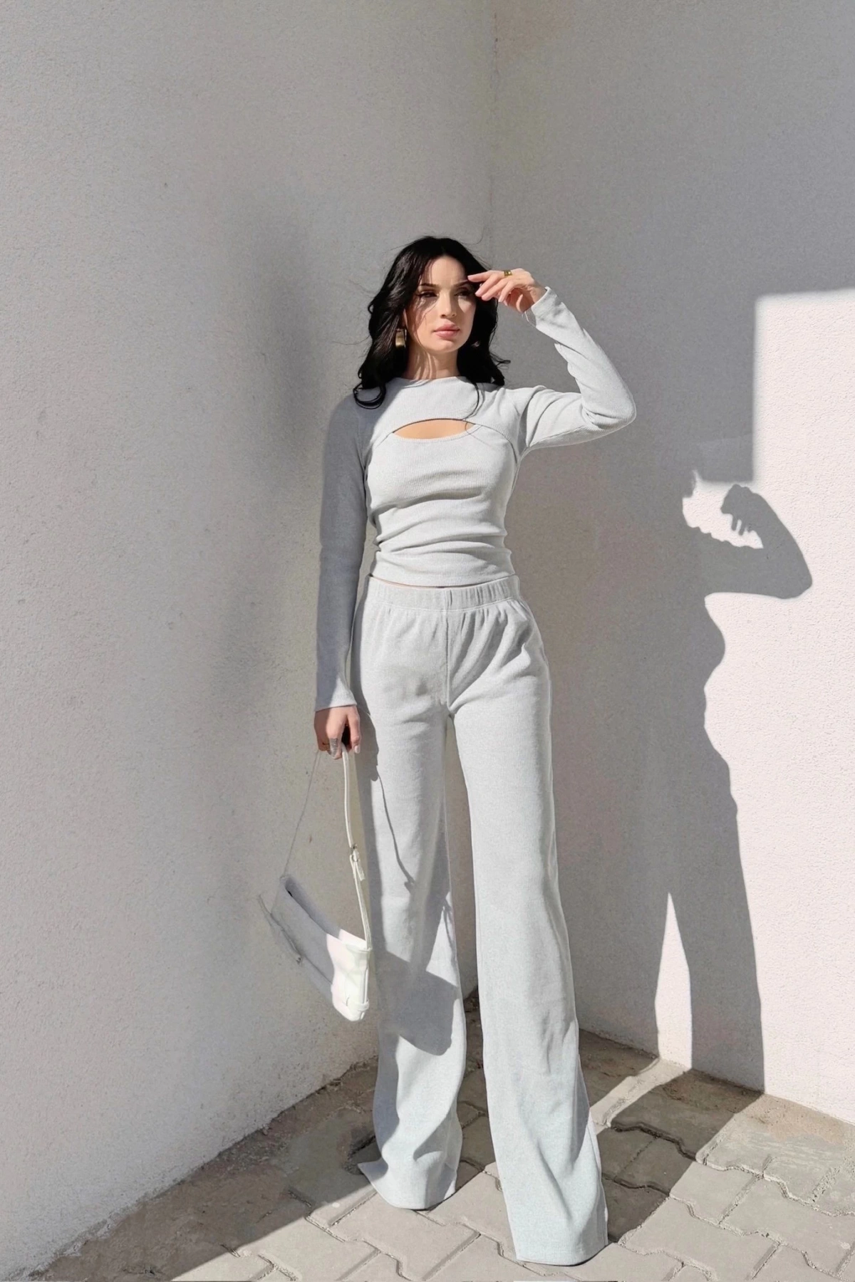 Pencereli detaylı alt üst takım gri w3864