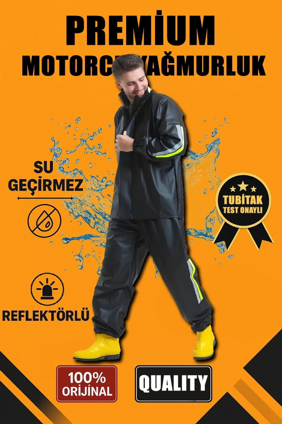 Premium Motorcu Kurye Yağmurluk Takım Su Geçirmez PVC Kumaş Reflektörlü TÜBİTAK Onaylı - Siyah