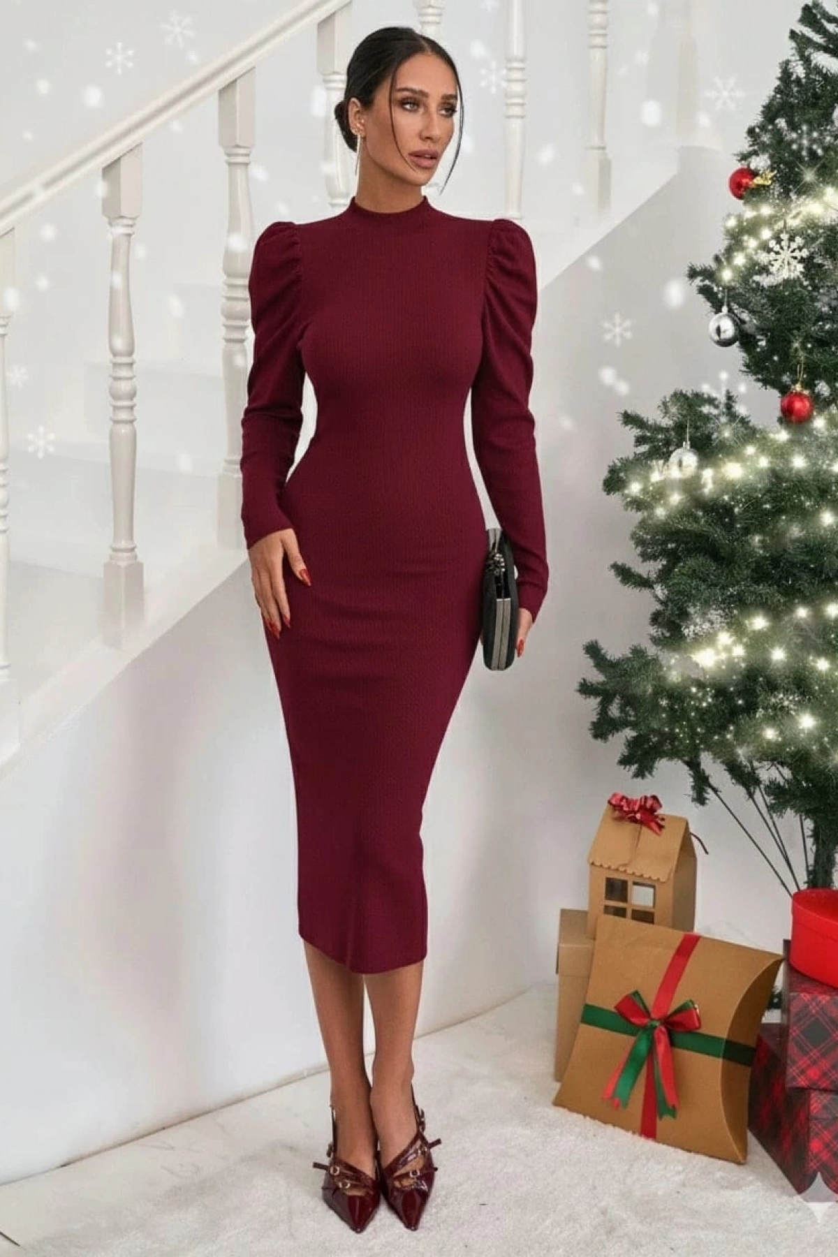 Prenses kol kaşkorse elbise bordo a3691