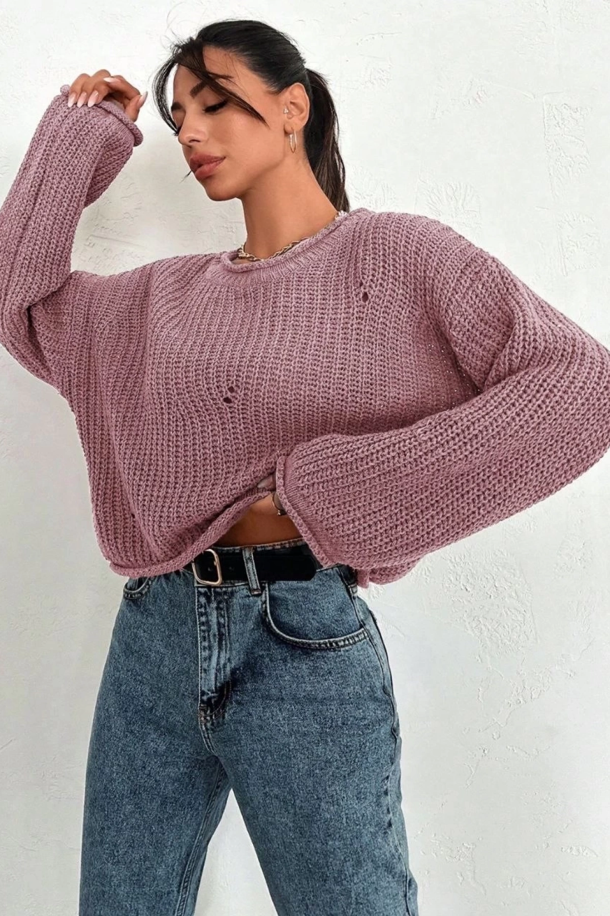 Salaş delik detaylı kazak pembe