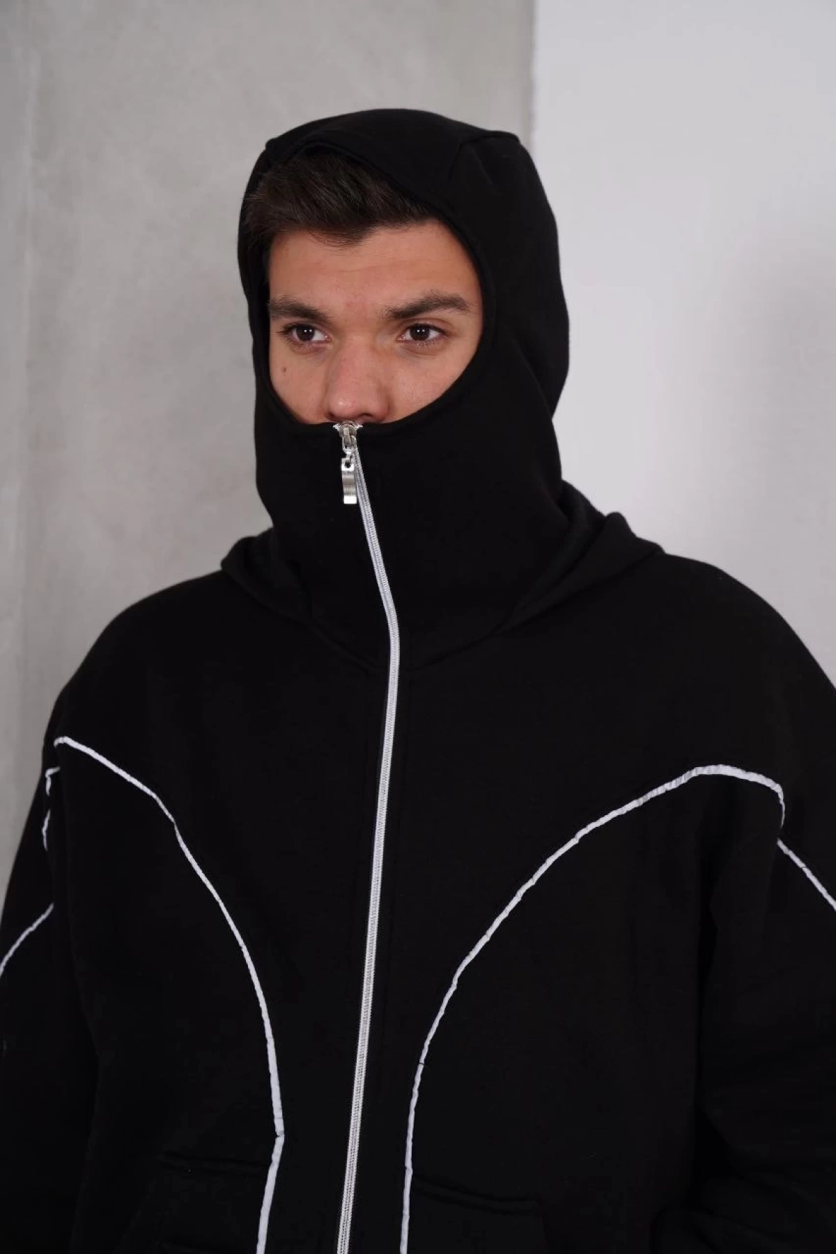 Ninja Çift Kapüşonlu Full Fermuarlı Reflektörlü Hoodie - Siyah