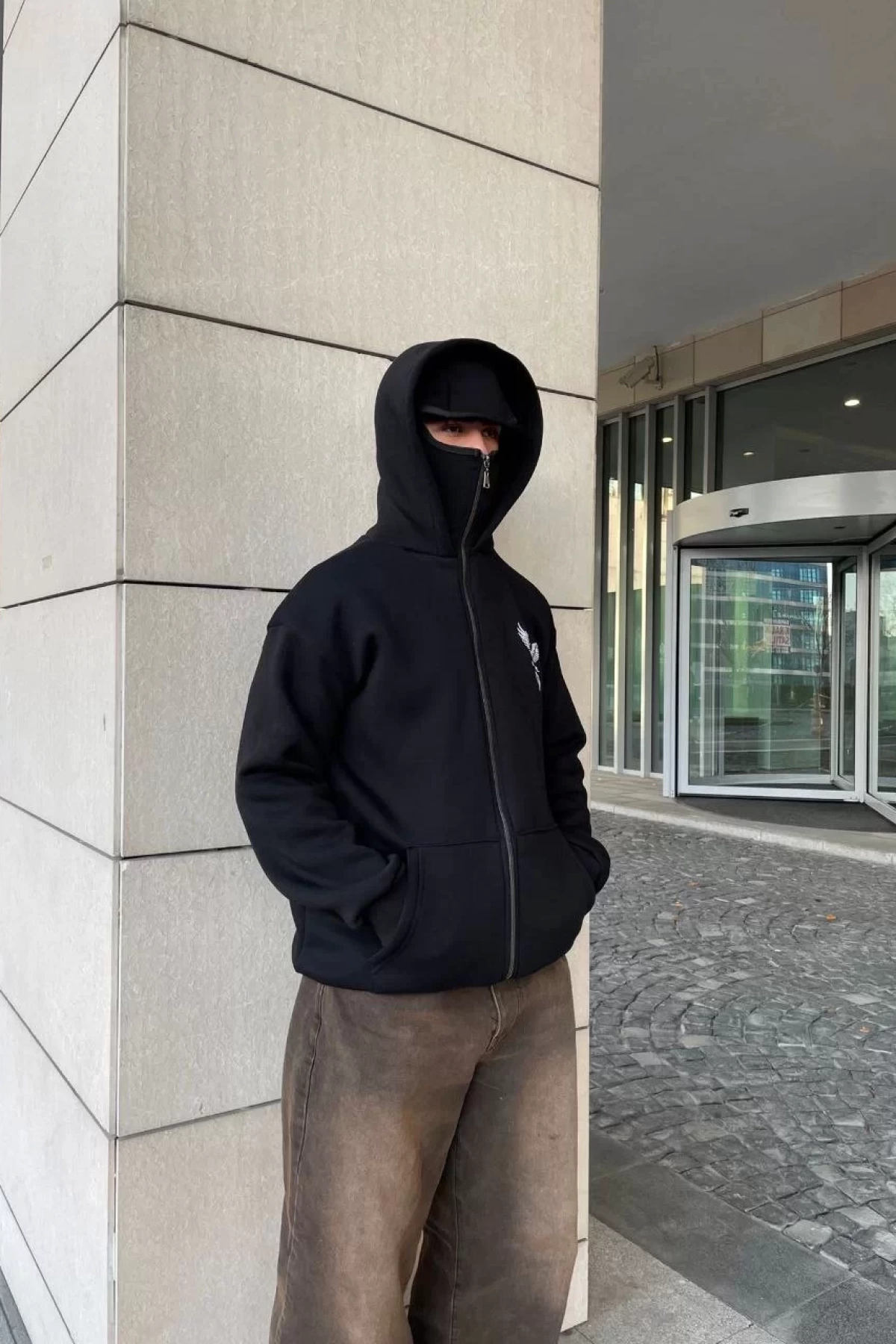 Ninja Çift Kapüşonlu Full Fermuarlı Nakışlı Hoodie - Siyah