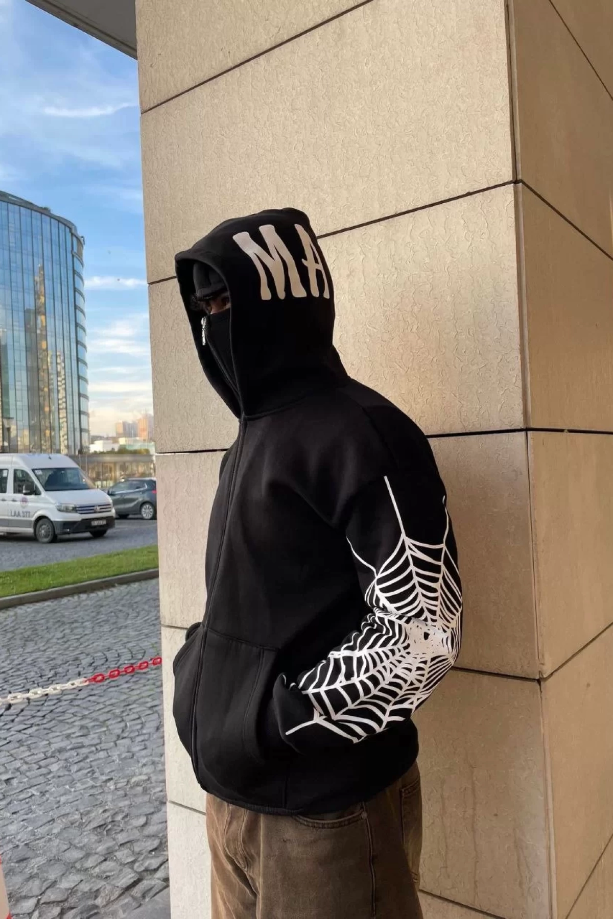 Ninja Çift Kapüşonlu Full Fermuarlı Örümcek Baskılı Hoodie- Siyah