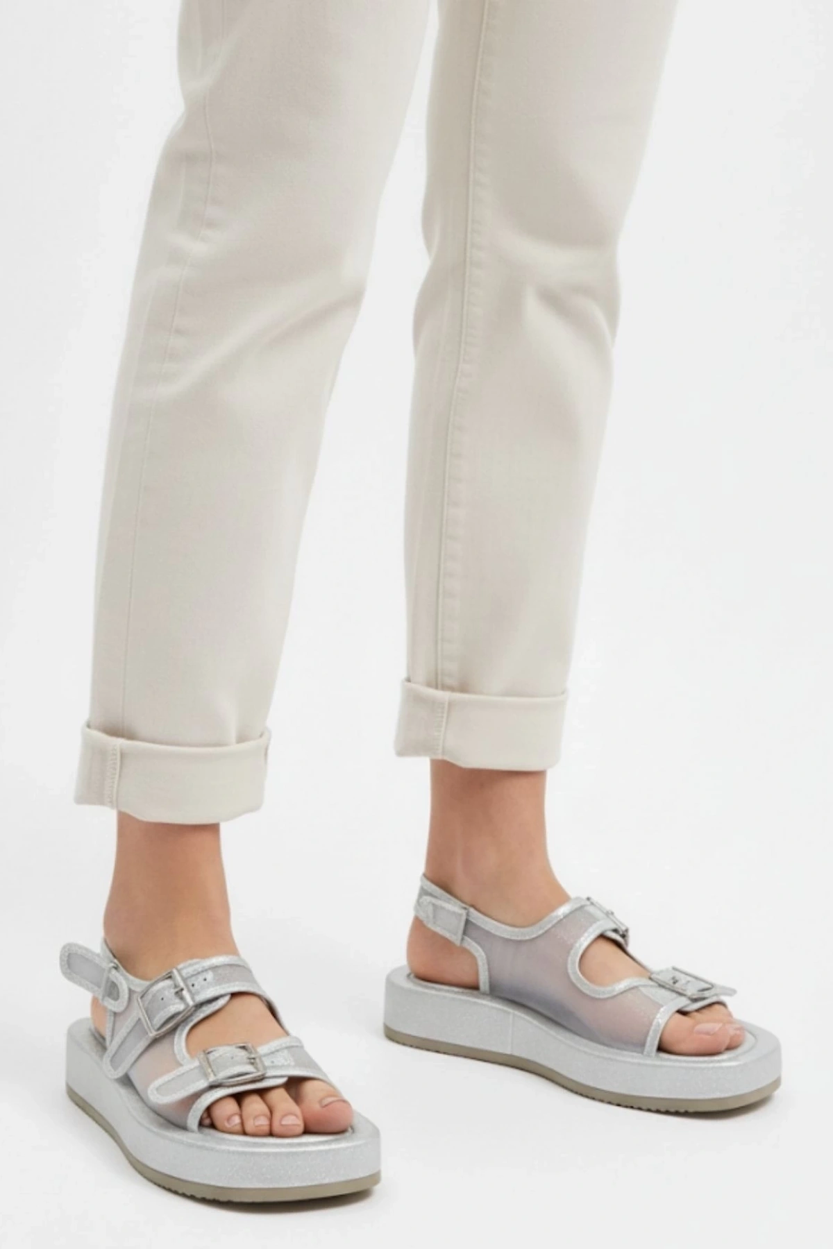 Sinna Gümüş Cilt Tül Detaylı Sandalet