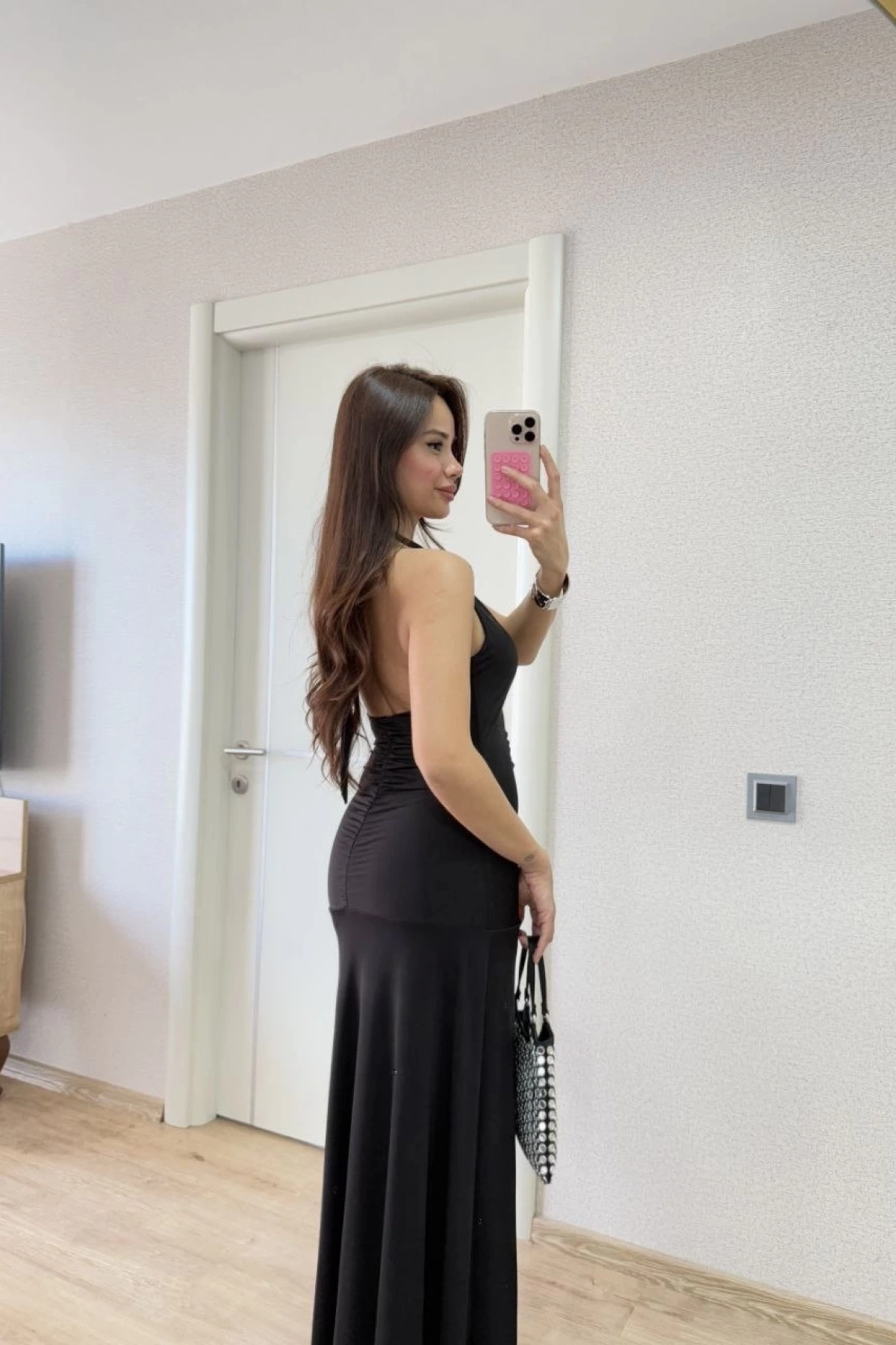 Sırt dekolteli Uzun Elbise - Siyah