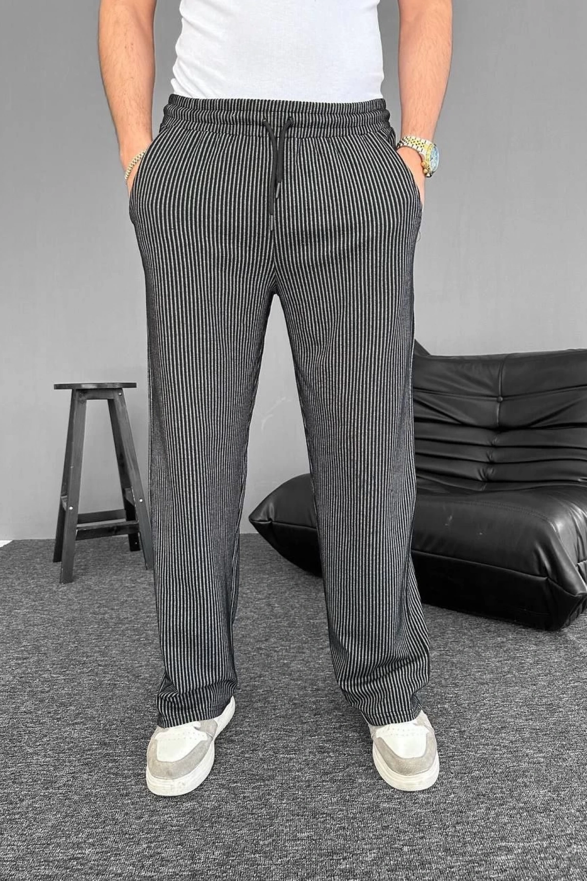 Su Yolu Çizgili Cepli Pantalon - Siyah