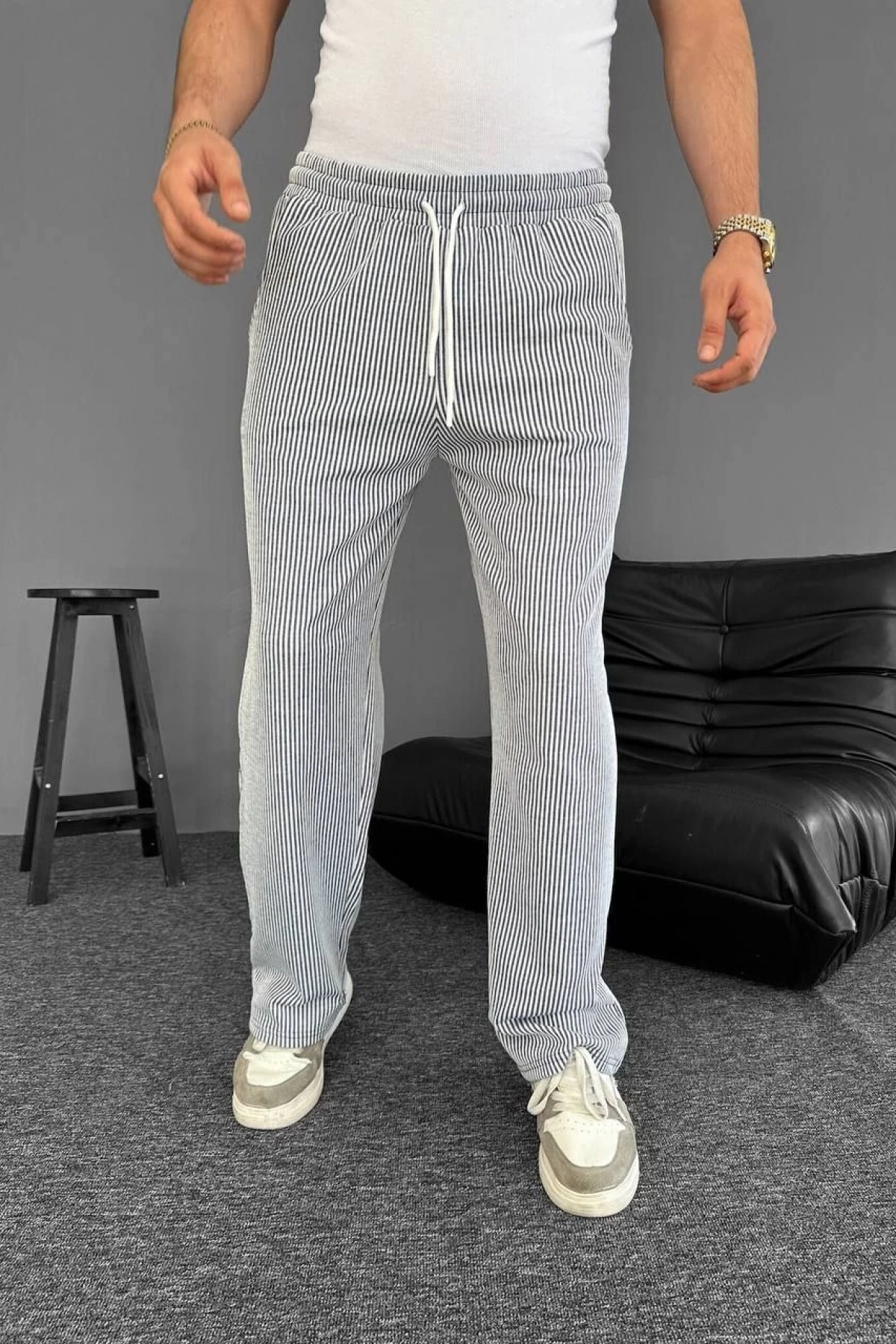 Su Yolu Çizgili Cepli Pantalon Yazlık - Gri