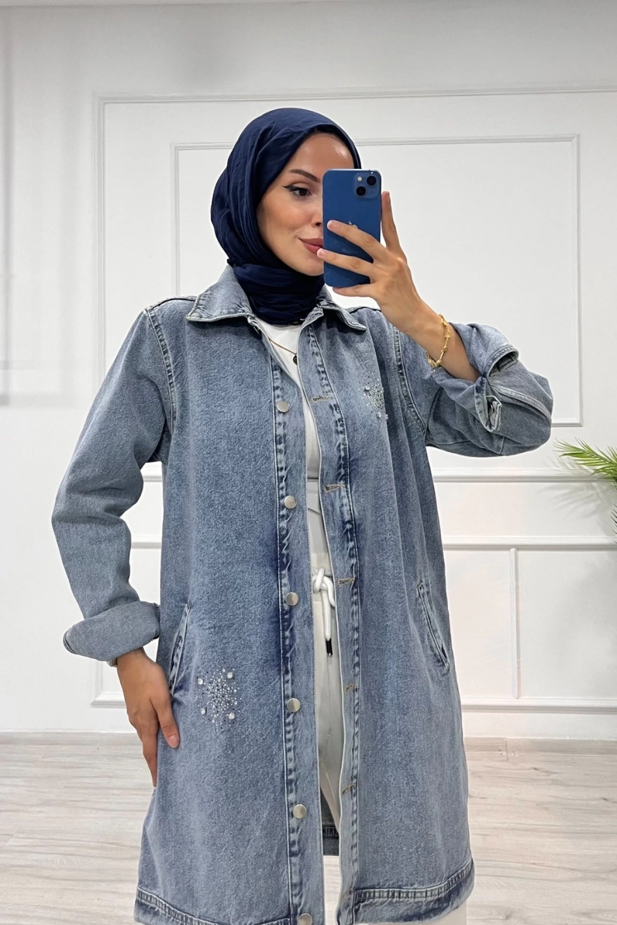 Taşlı tunik ceket kar yıkama orta mavi d2516