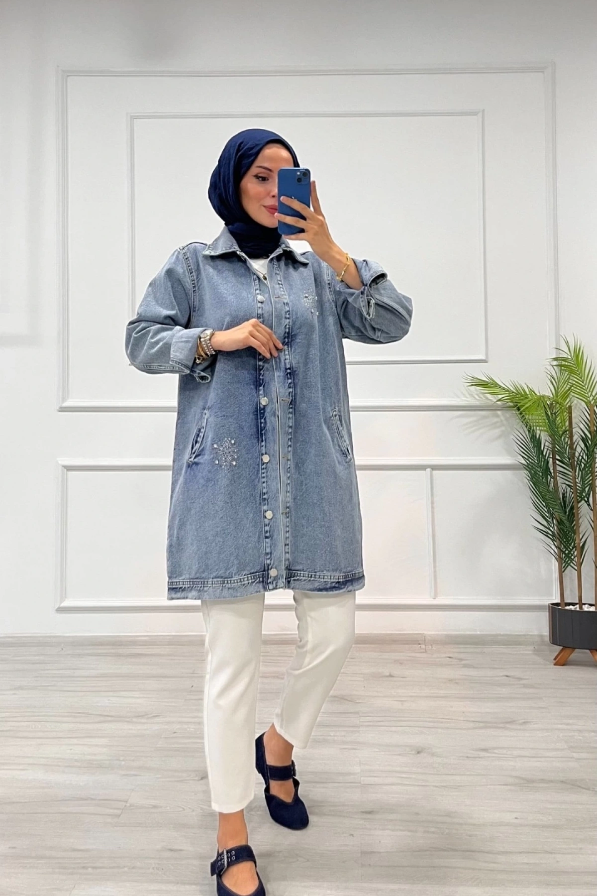 Taşlı tunik ceket kar yıkamalı mavi d2516