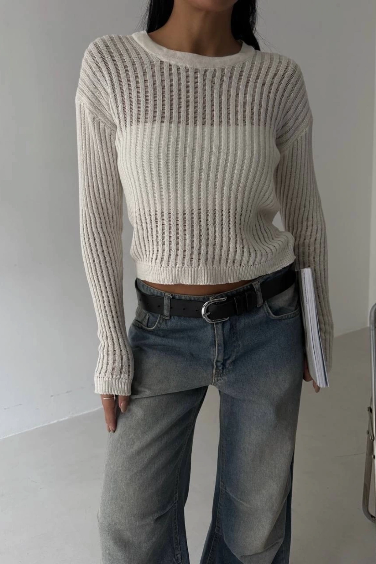 Triko transparent bluz beyaz