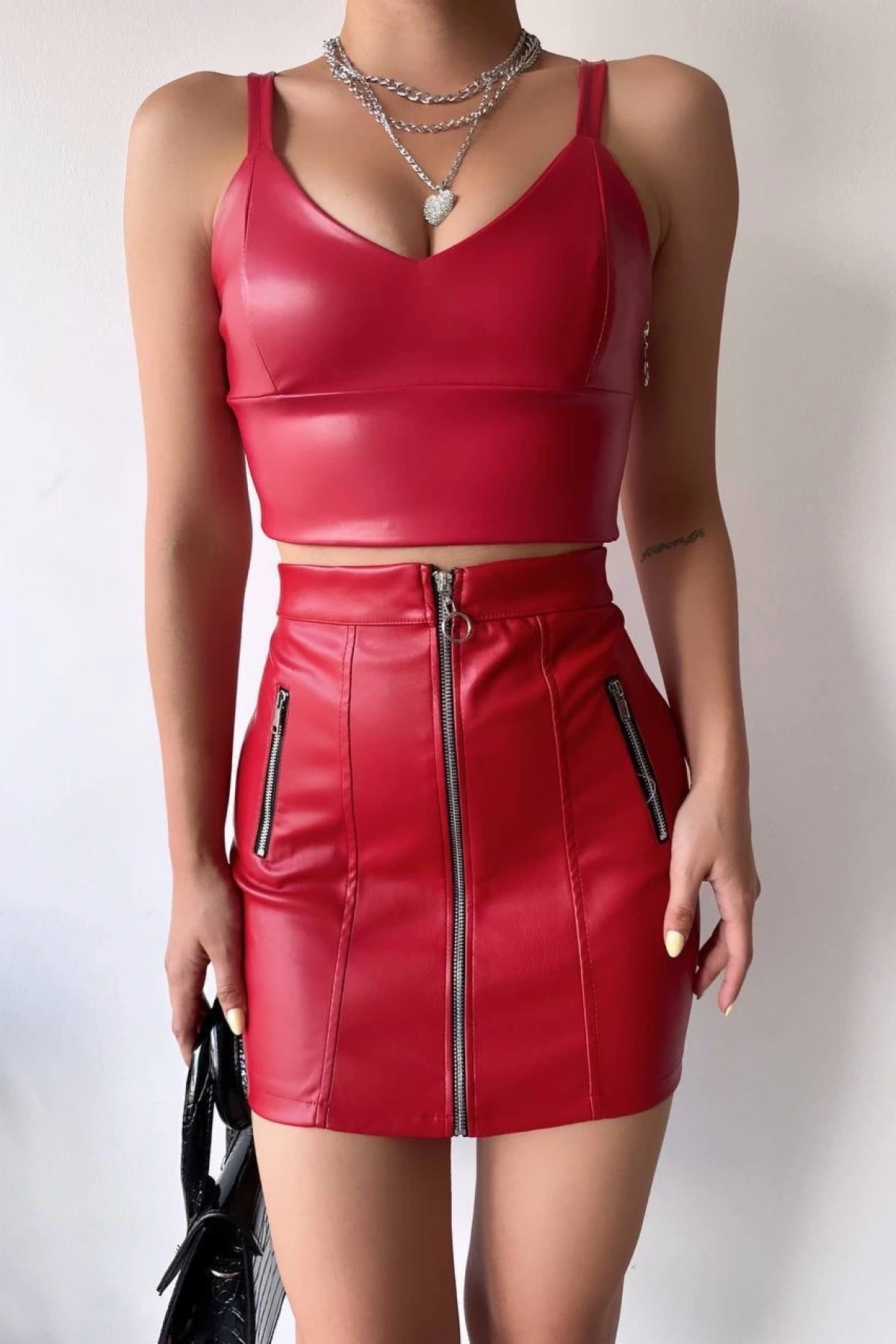 Üç fermuarlı deri etek bordo s24510