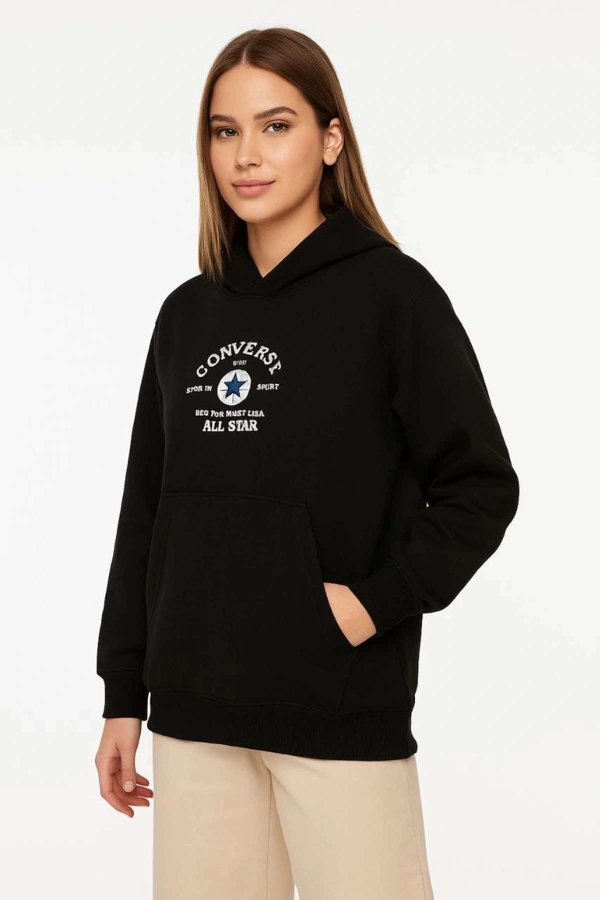 Kadın Kapşonlu Sweatshirt – Üç İplik Şardonlu Kumaş, Oversize Fit, Ön & Arka Baskılı, Kanguru Cepli, Kışlık Rahat Hoodie- Siyah