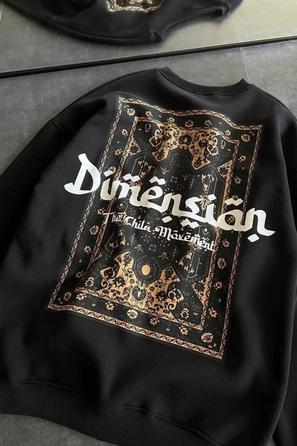 Üç İplik Penye Bisiklet Yaka Baskılı SweatShirt - Siyah