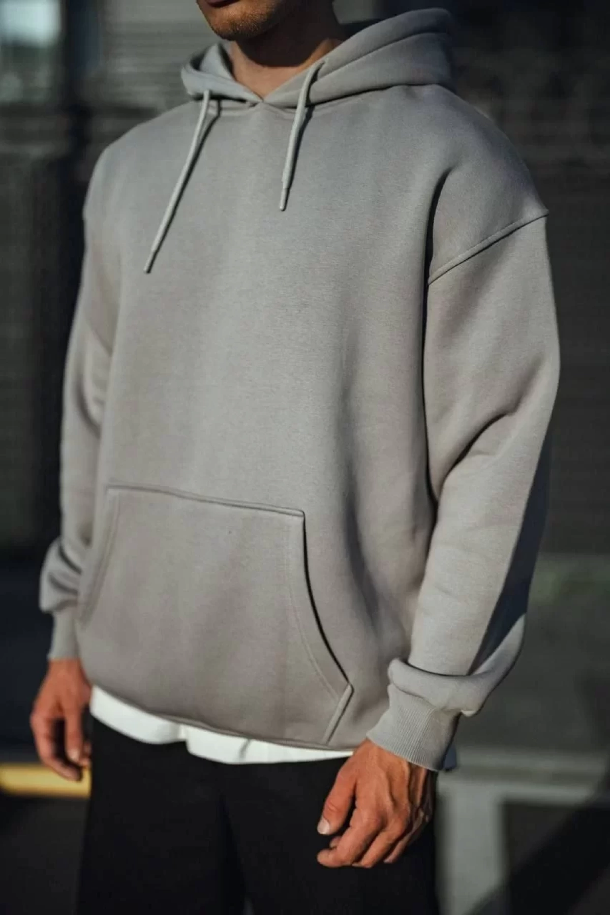 Üç İplik Penye Kapşonlu Basic SweatShirt - Boyalı Gri