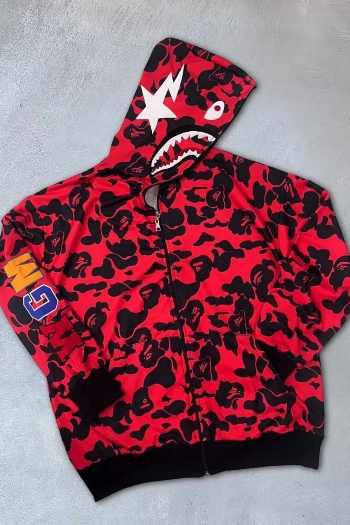 Unisex 2 İplik Bape Kapüşonu Fermuarlı Hırka - Kırmızı