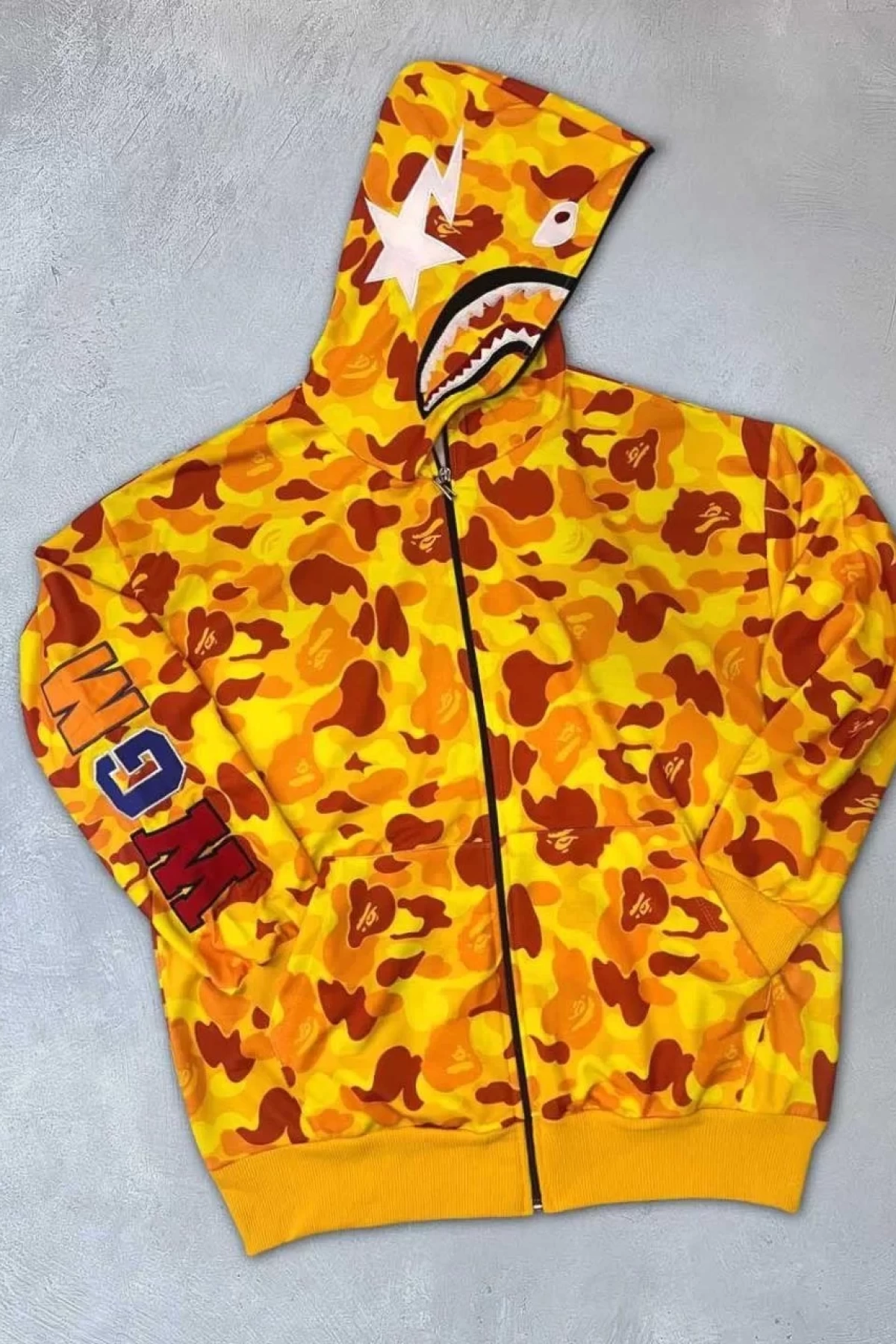 Unisex 2 İplik Bape Kapüşonu Fermuarlı Hırka - Sarı