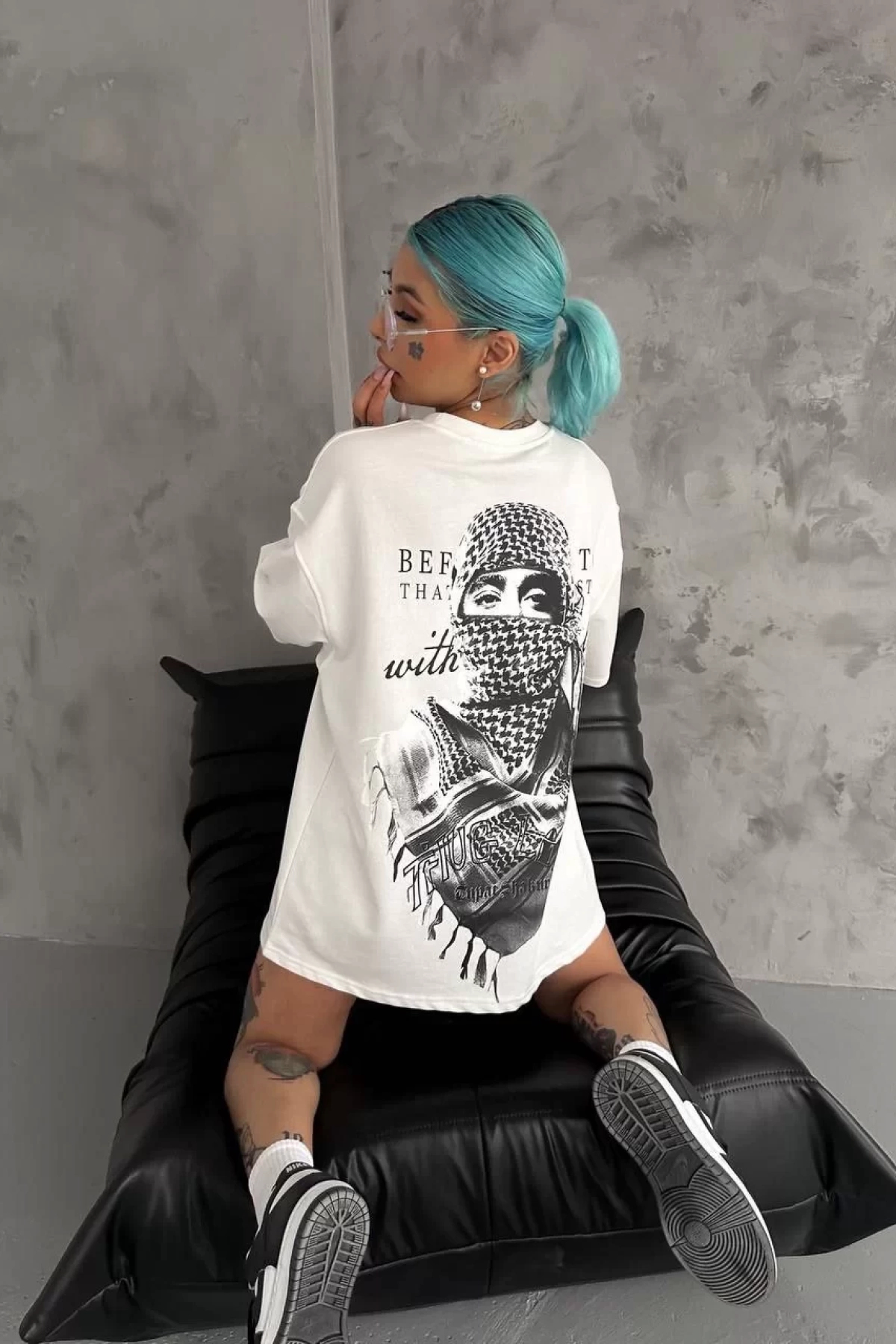 Unisex Baskılı Oversize T-Shirt - Beyaz