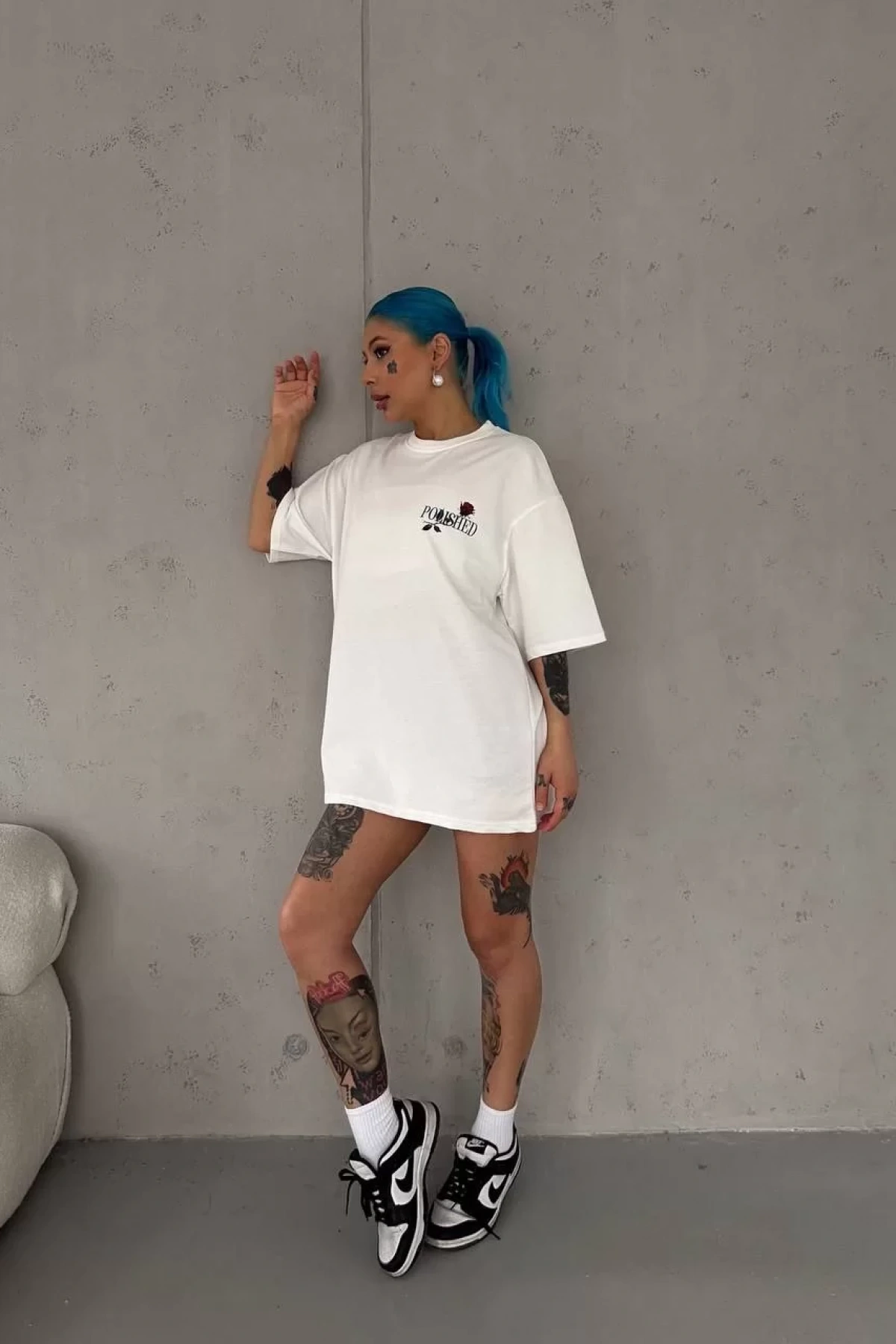 Unisex Bisiklet Yaka Baskılı Oversize T-Shirt - Beyaz