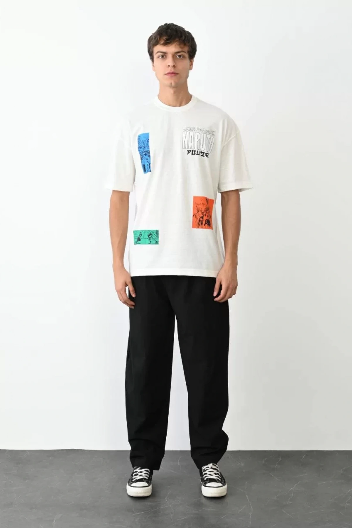 Unisex Bisiklet Yaka Baskılı Oversize T-Shirt - Beyaz