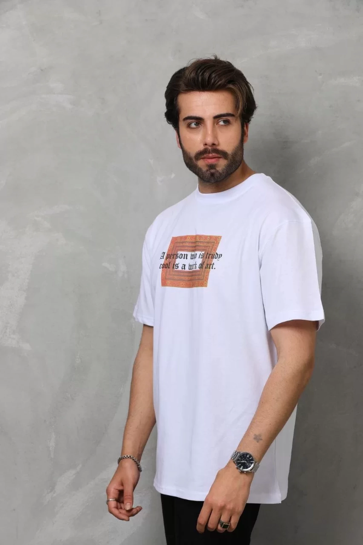 Unisex Bisiklet Yaka Baskılı Oversize T-Shirt - Beyaz