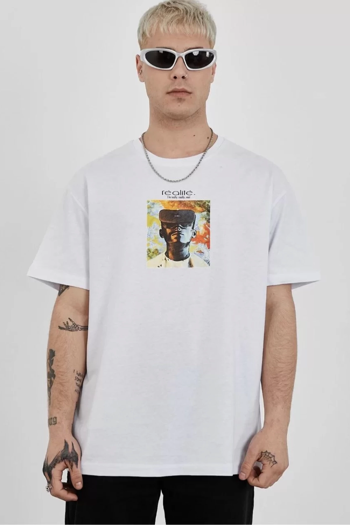 Unisex Bisiklet Yaka Baskılı Oversize T-Shirt - Beyaz