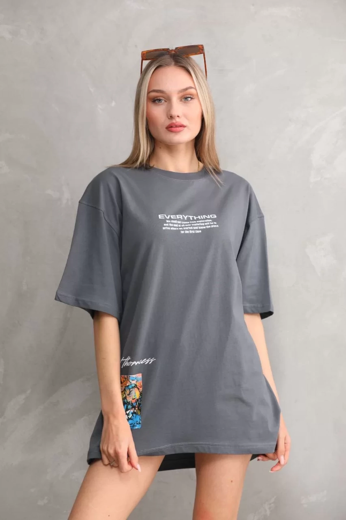 Unisex Bisiklet Yaka Baskılı Oversize T-Shirt - Gri