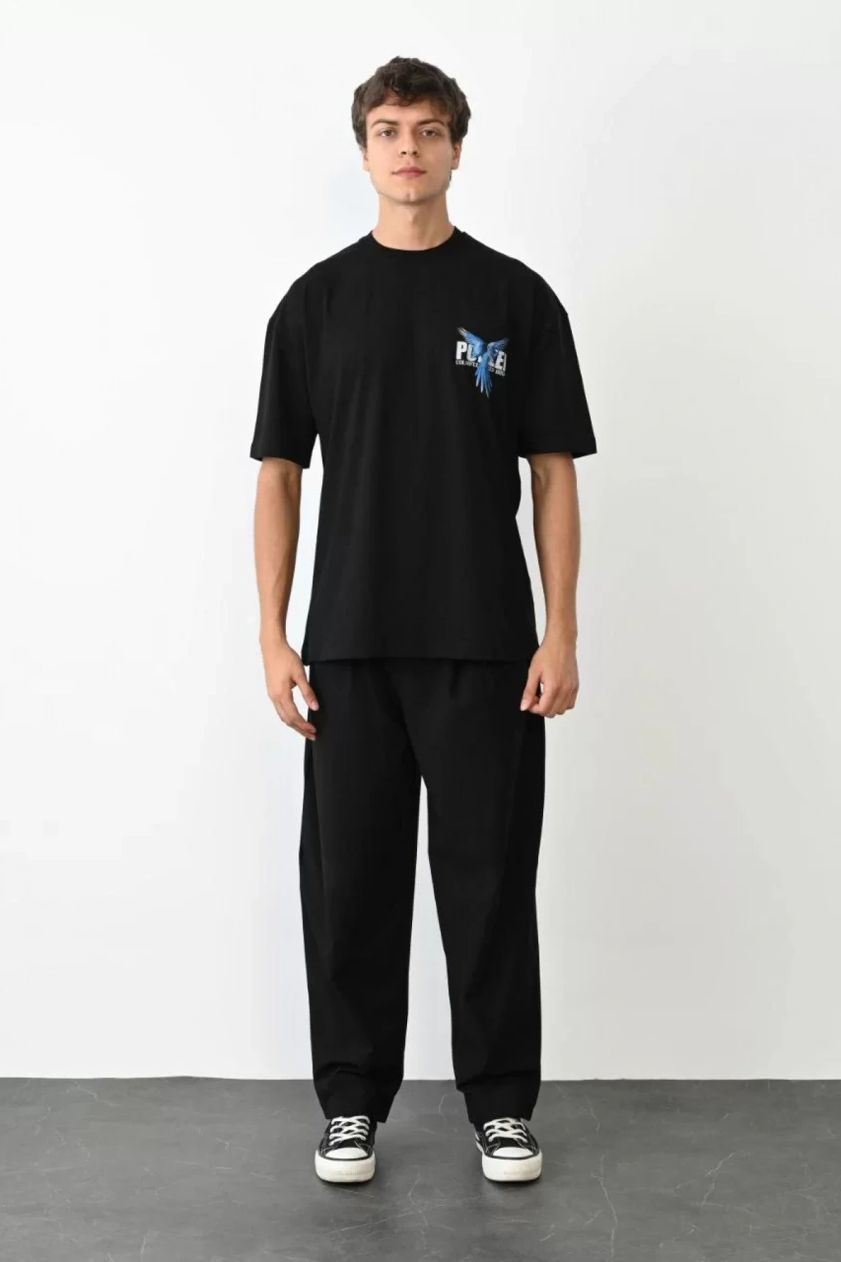 Unisex Bisiklet Yaka Baskılı Oversize T-Shirt - Siyah