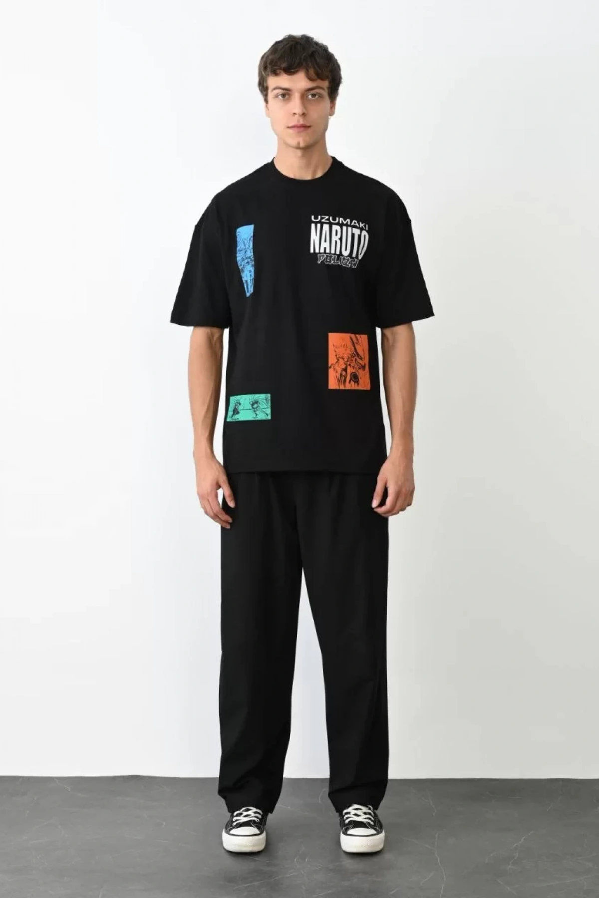 Unisex Bisiklet Yaka Baskılı Oversize T-Shirt - Siyah