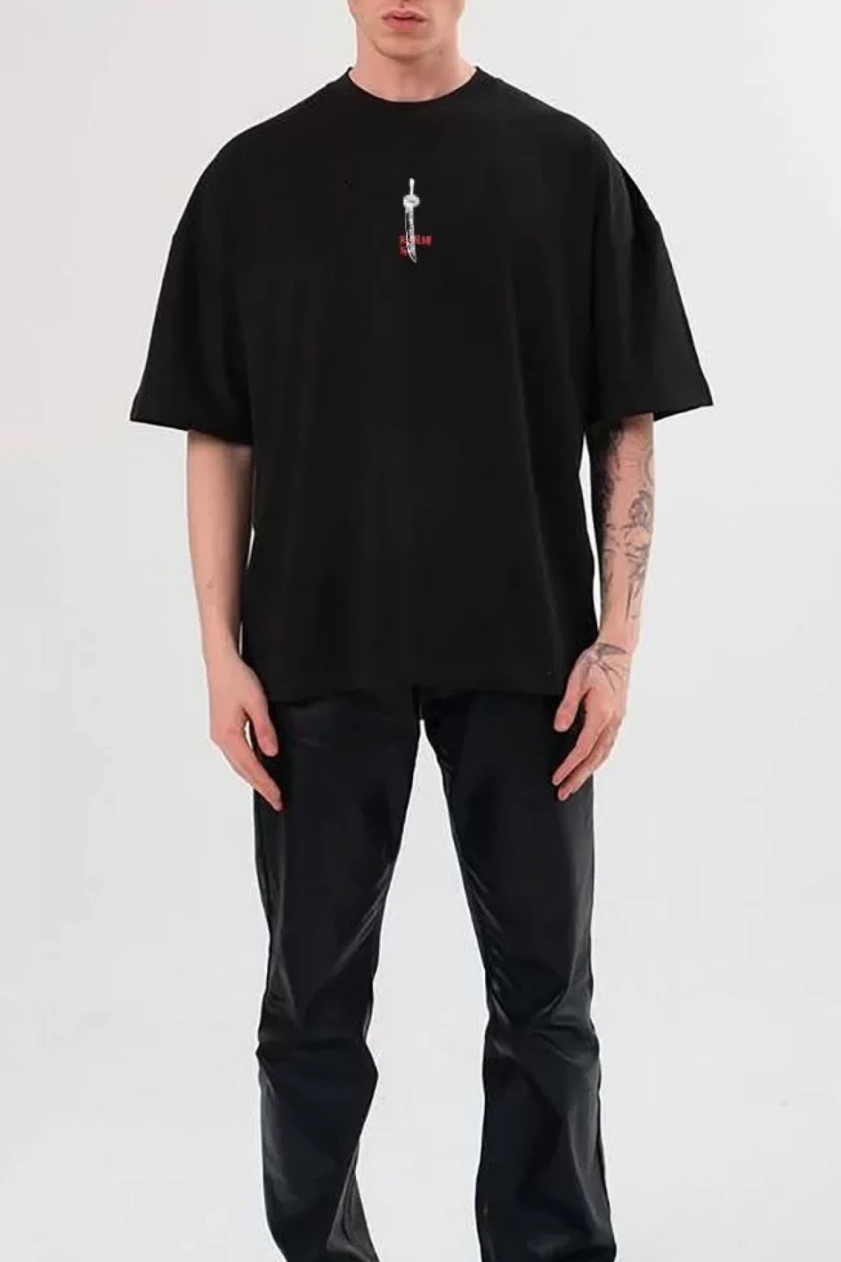 Unisex Bisiklet Yaka Baskılı Oversize T-Shirt - Siyah