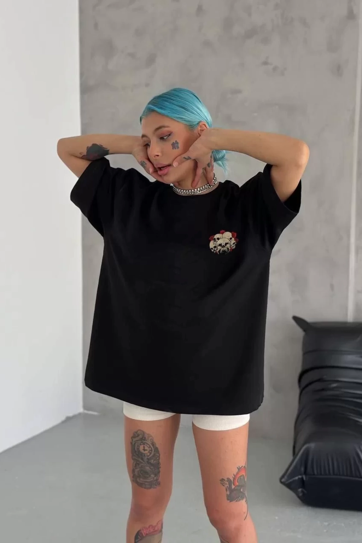 Unisex Bisiklet Yaka Baskılı Oversize T-Shirt - Siyah