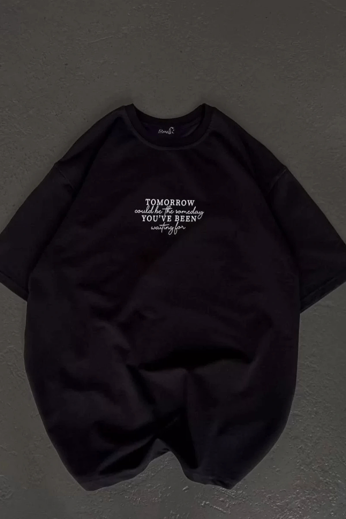 Unisex Bisiklet Yaka Baskılı Oversize T-Shirt - Siyah