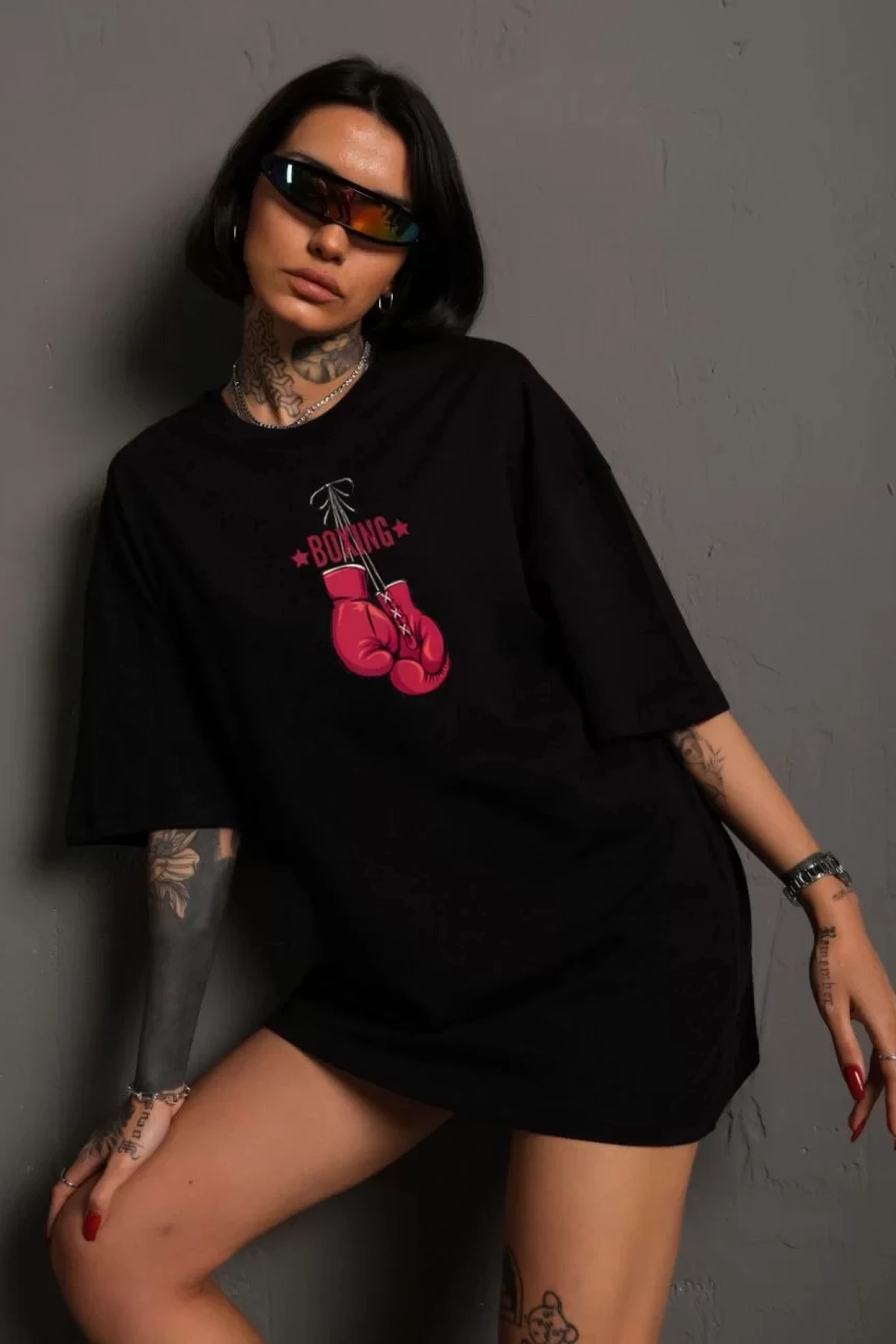 Unisex Bisiklet Yaka Baskılı Oversize T-Shirt - Siyah