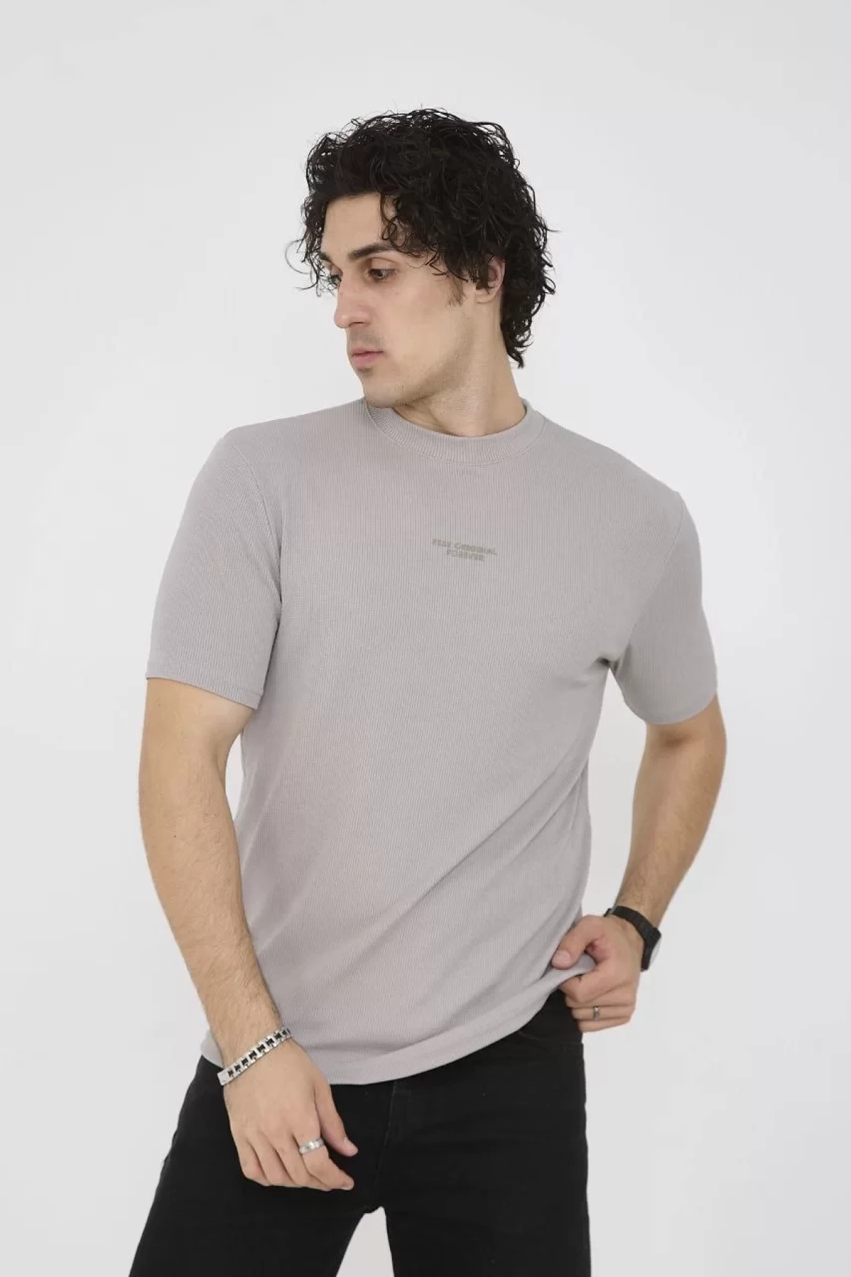 Unisex Bisiklet Yaka Slim fit T-Shirt- Boyalı Gri