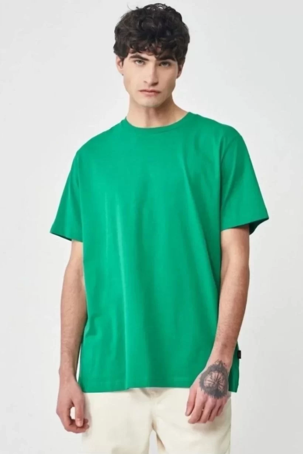 Unisex Düz Biskilet Yaka Oversize T-shirt - Yeşil