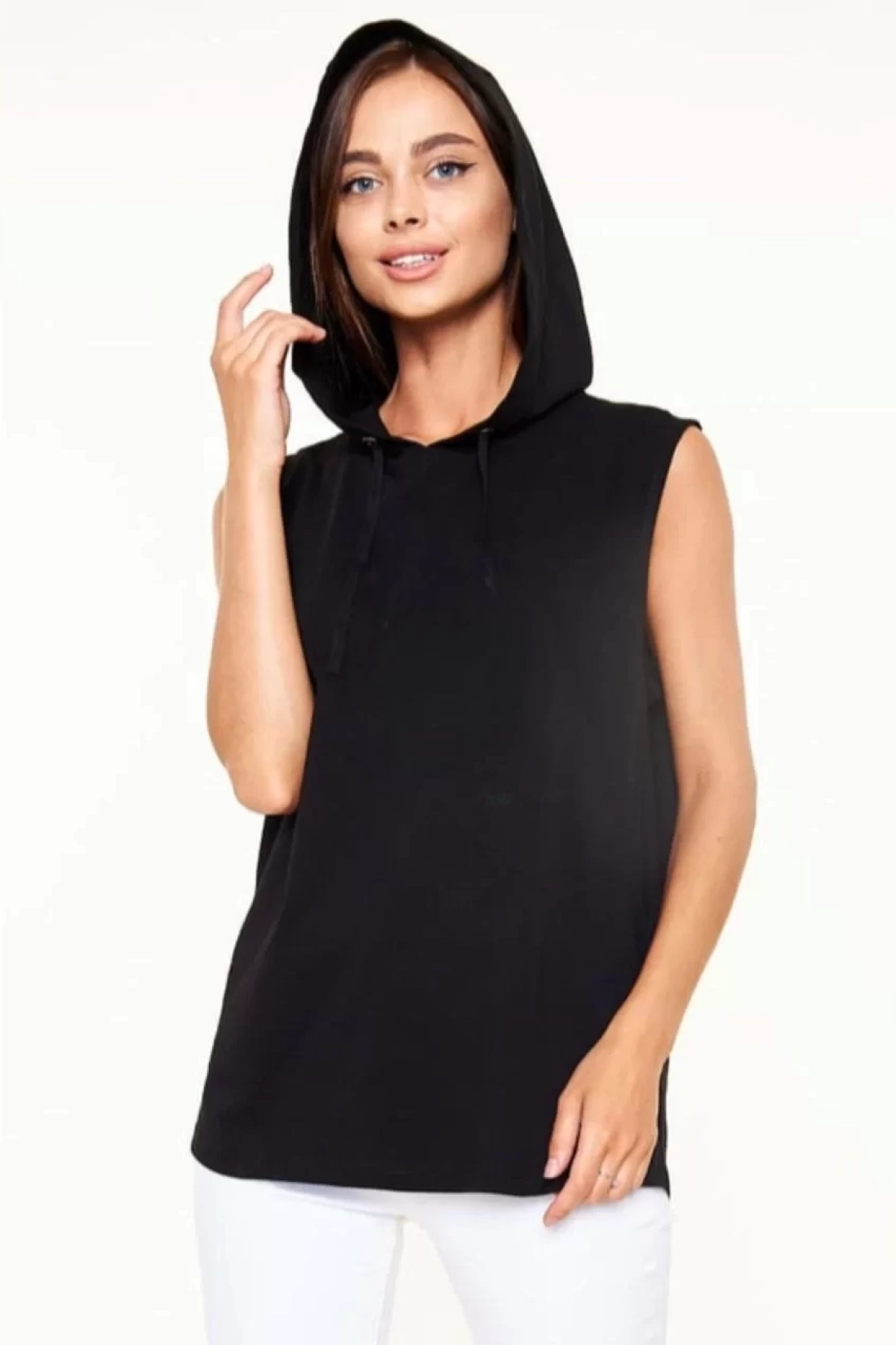 Unisex Kapşonlu Kolsuz Düz Oversize T-shirt - Siyah