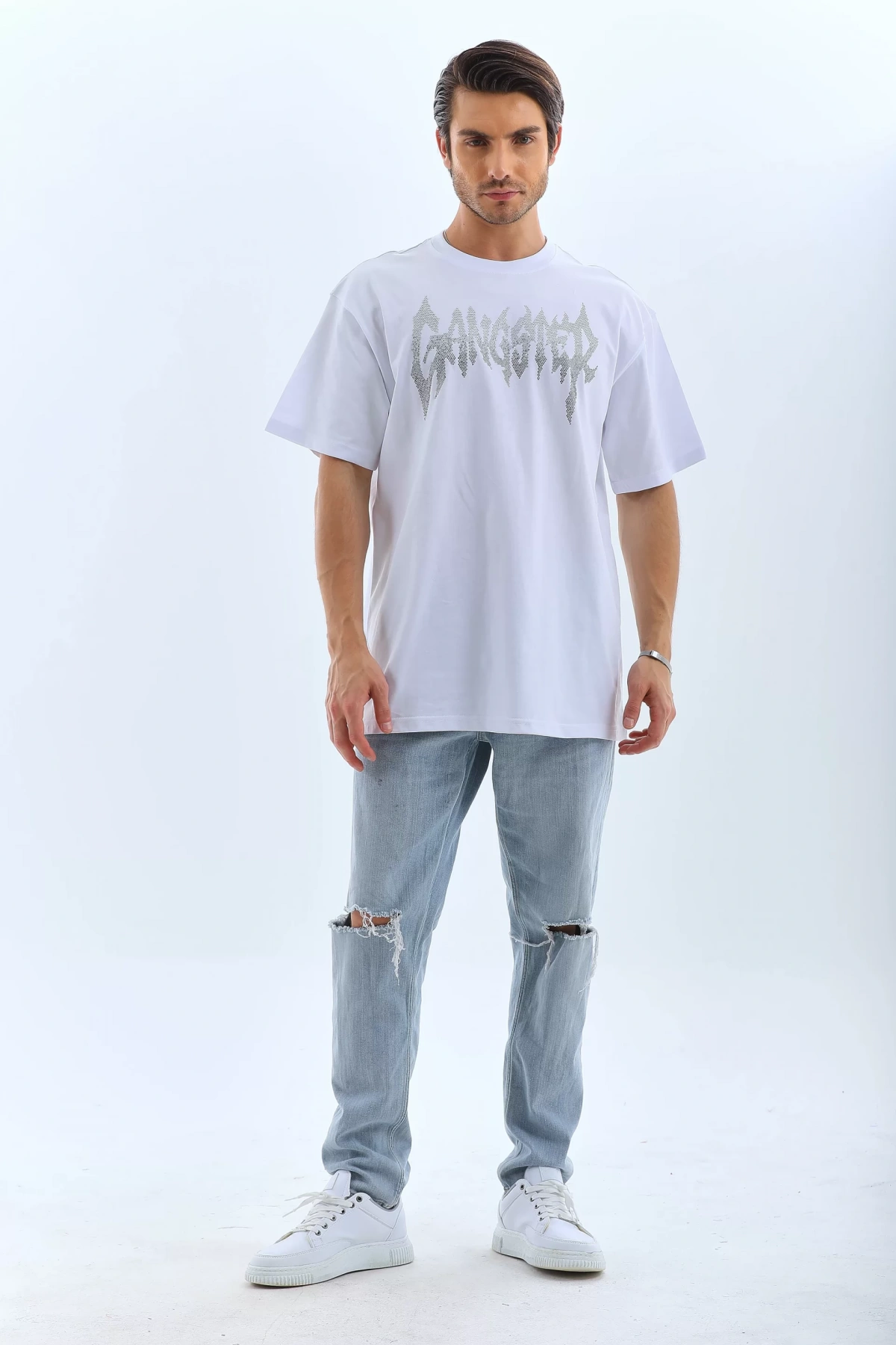 Unisex Oversize Taşlı Bisiklet Yaka T-Shirt - Beyaz