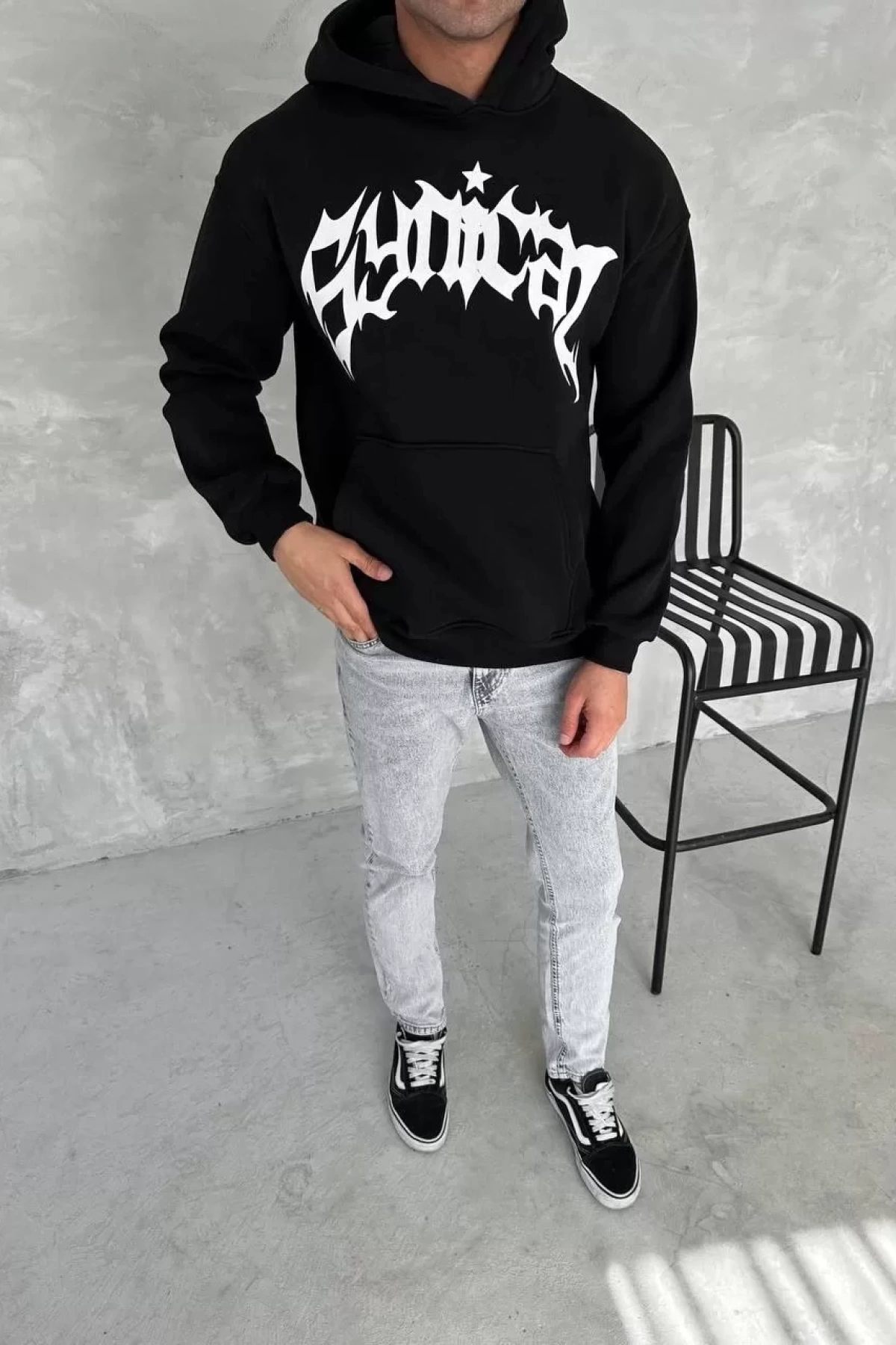 Unisex Üç İplik Kapşonlu Baskılı SweatShirt - Siyah