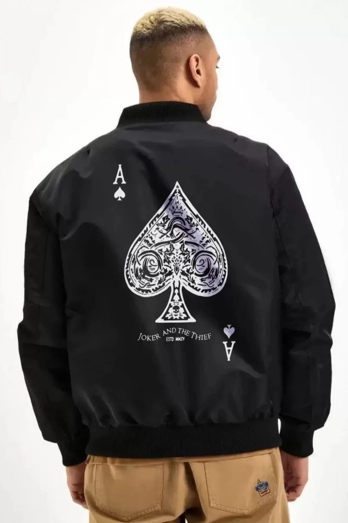 Erkek Bomber Mont – Siyah Renk, Maça Ası Baskılı, Fermuarlı, Cepli, Kapitone Astarlı, Bahar Kış Günlük Mont Ceket - Siyah