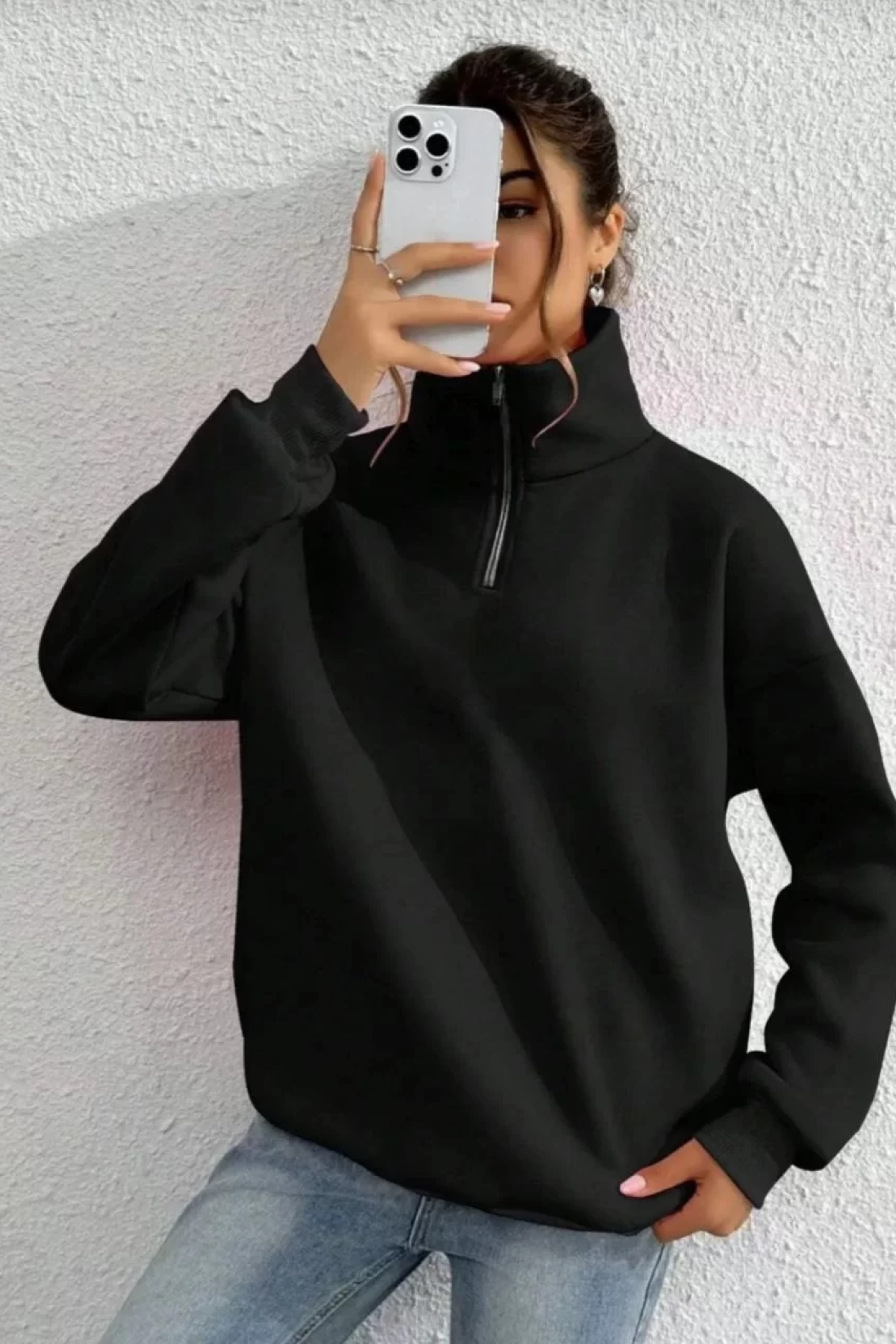 Unisex Uzun Kol Yarım Farmuarlı Yakalı Basic SweatShirt - Siyah