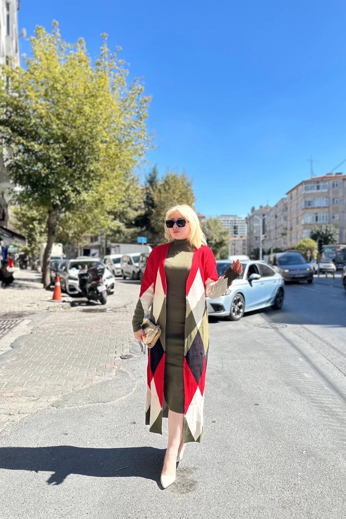 Uzun hırka içi elbise ikili triko takım ekose baklava desen haki kırmızı