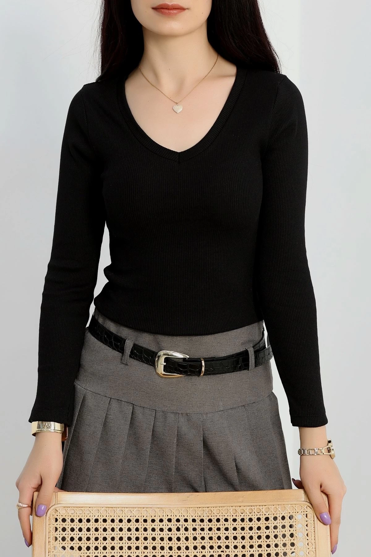 V yaka kaşkorse bluz siyah a3699