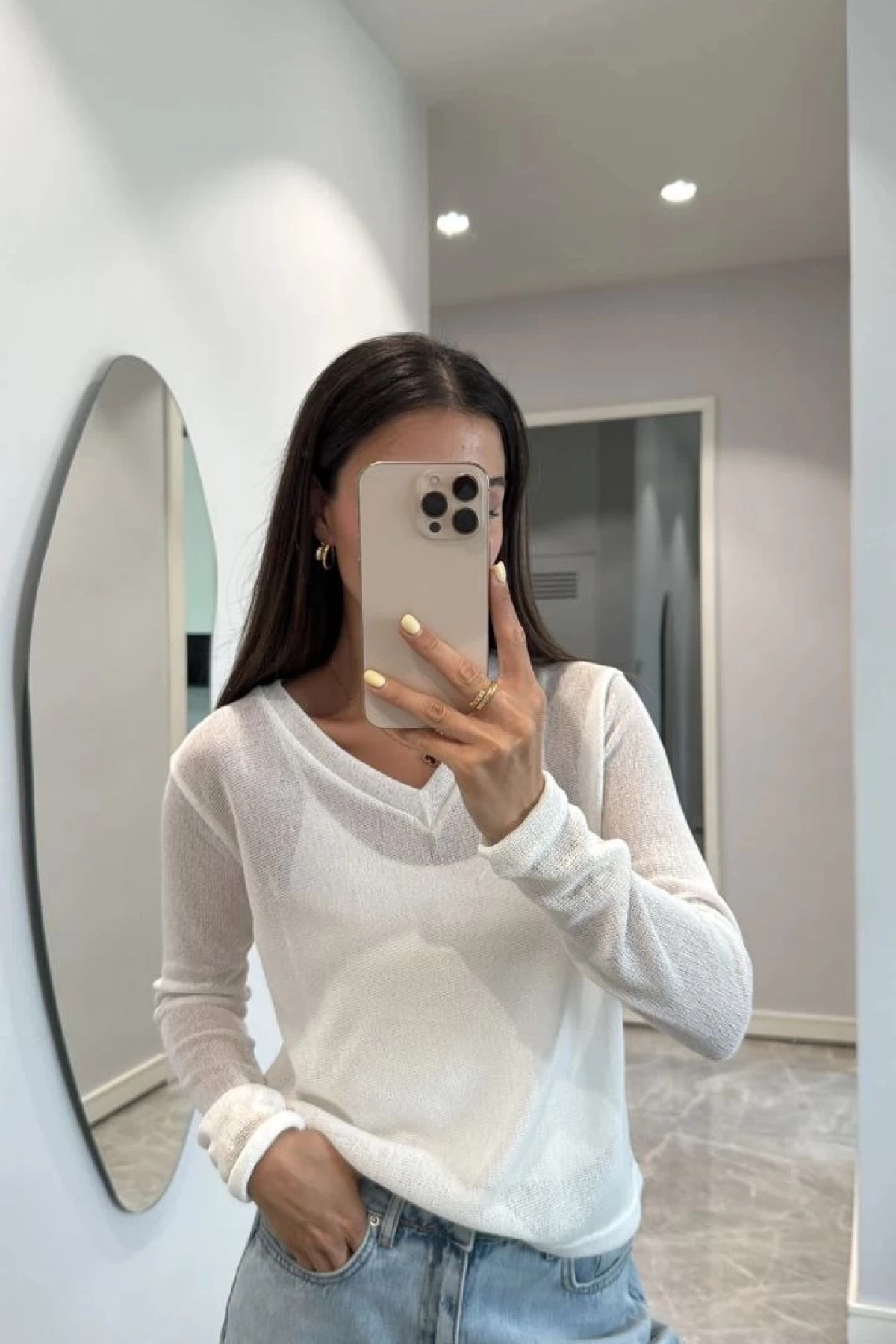 V Yaka uzun Kollu Triko ince Bluz - Beyaz