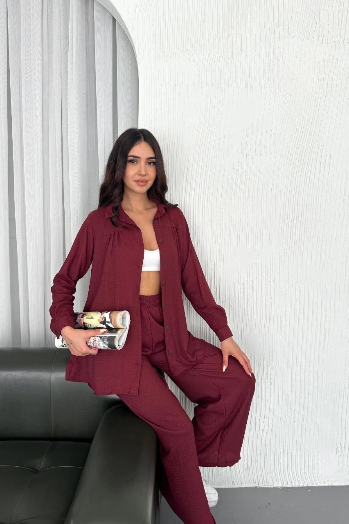 Yakalı Düğmeli Uzun Kollu Gömlek Pantolon ikili Takım - Bordo