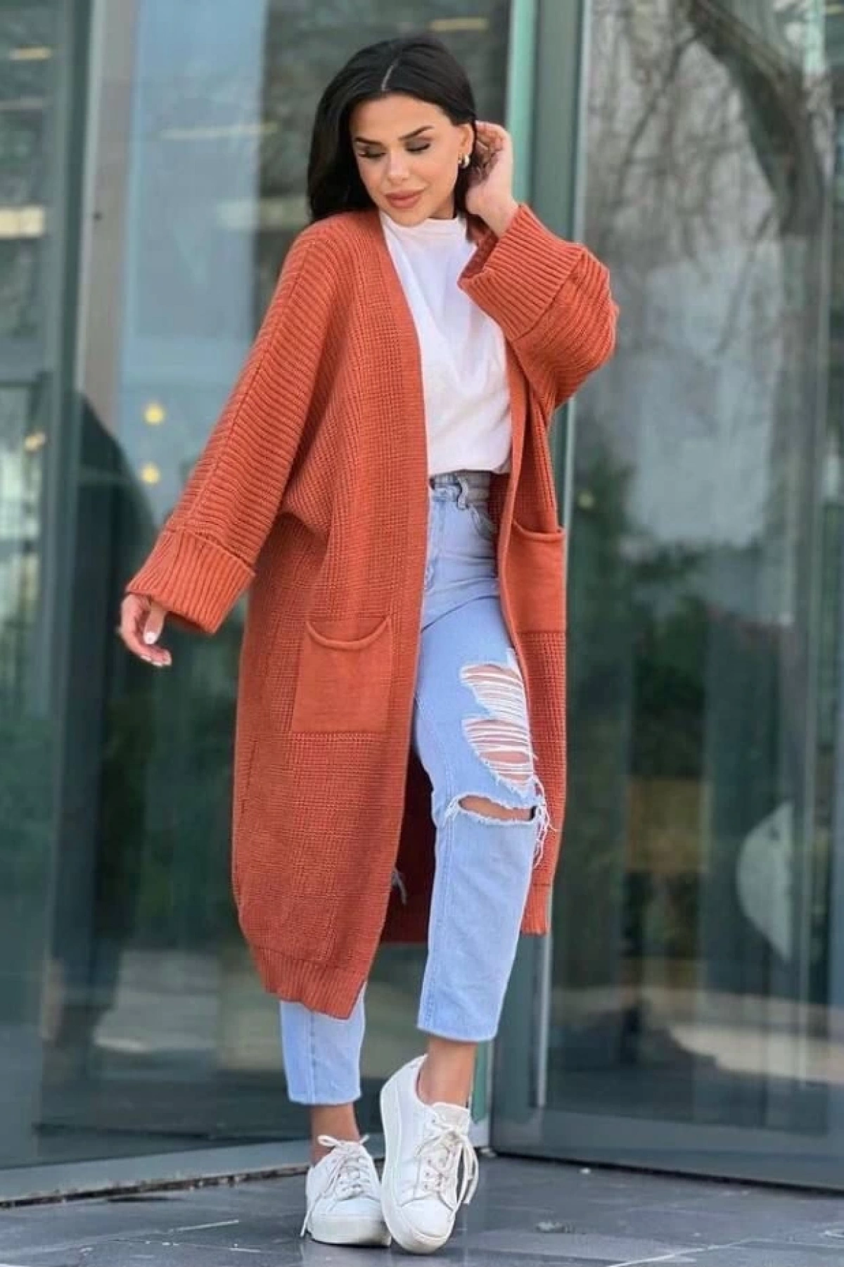 Yarasa kol uzun triko hırka kremit