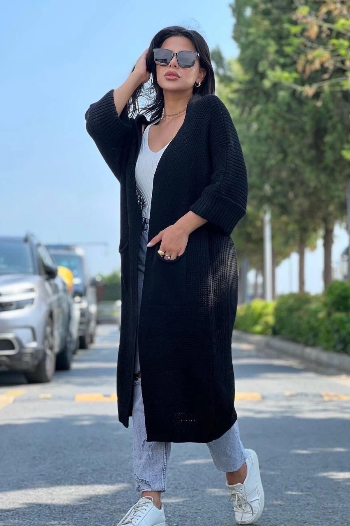 Yarasa kol uzun triko hırka siyah